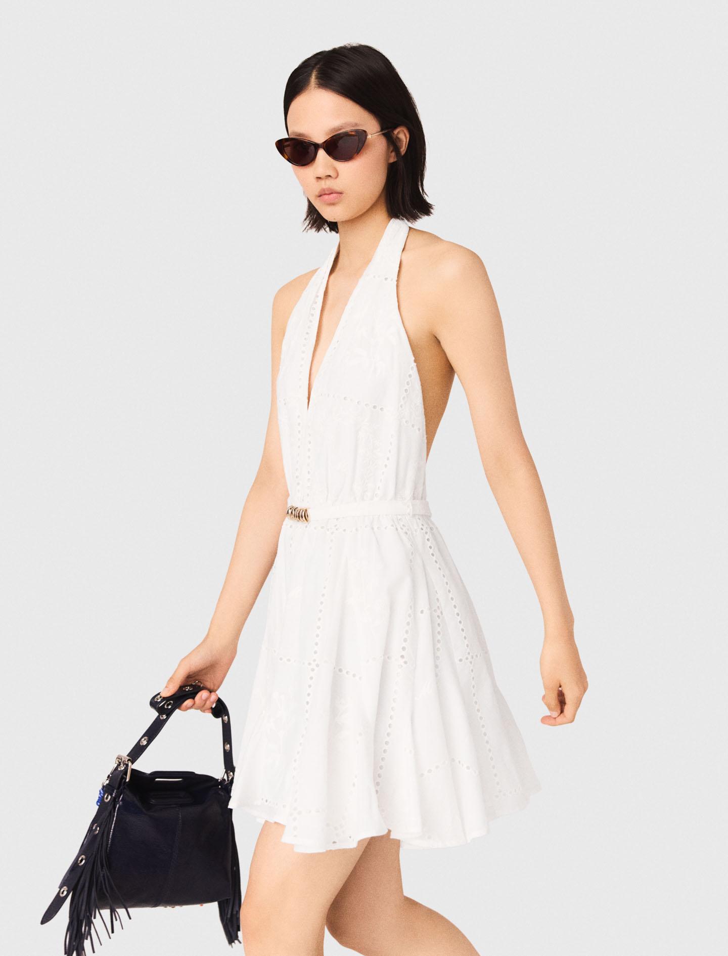 Maje Short Embroidered Backless Dress in White