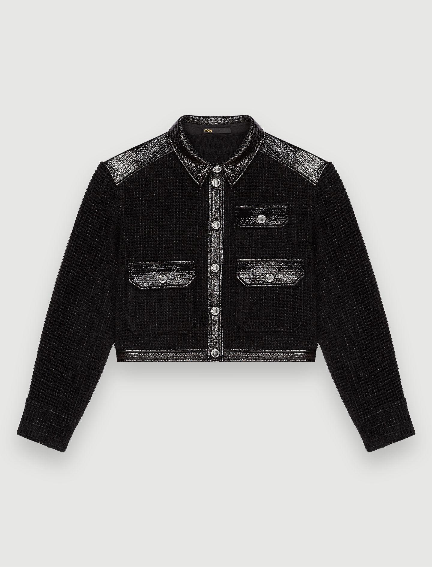 Maje Velvet Tweed And Vinyl Jacket in Black | Lyst