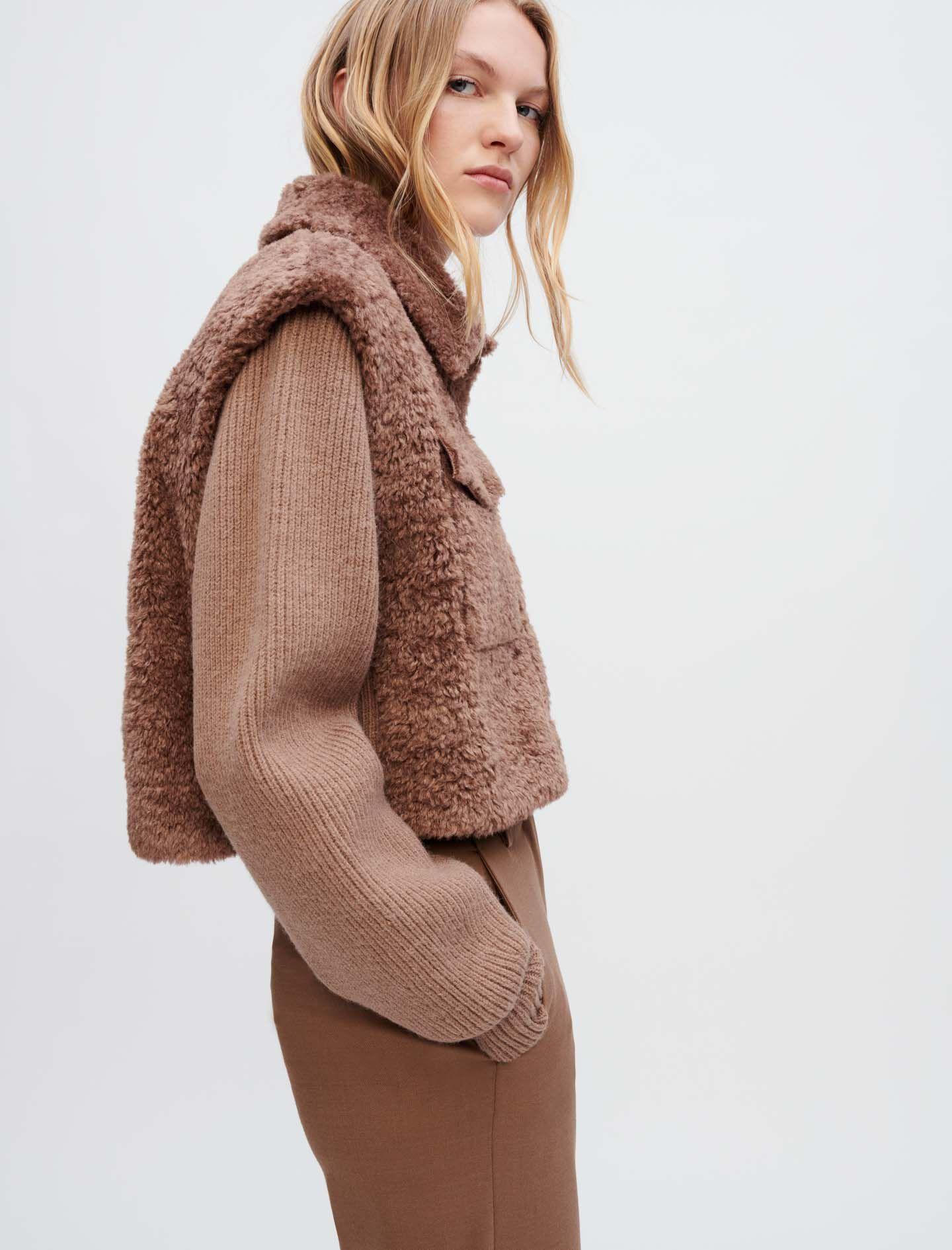 Maje Faux Fur And Knit Jacket in Brown Lyst