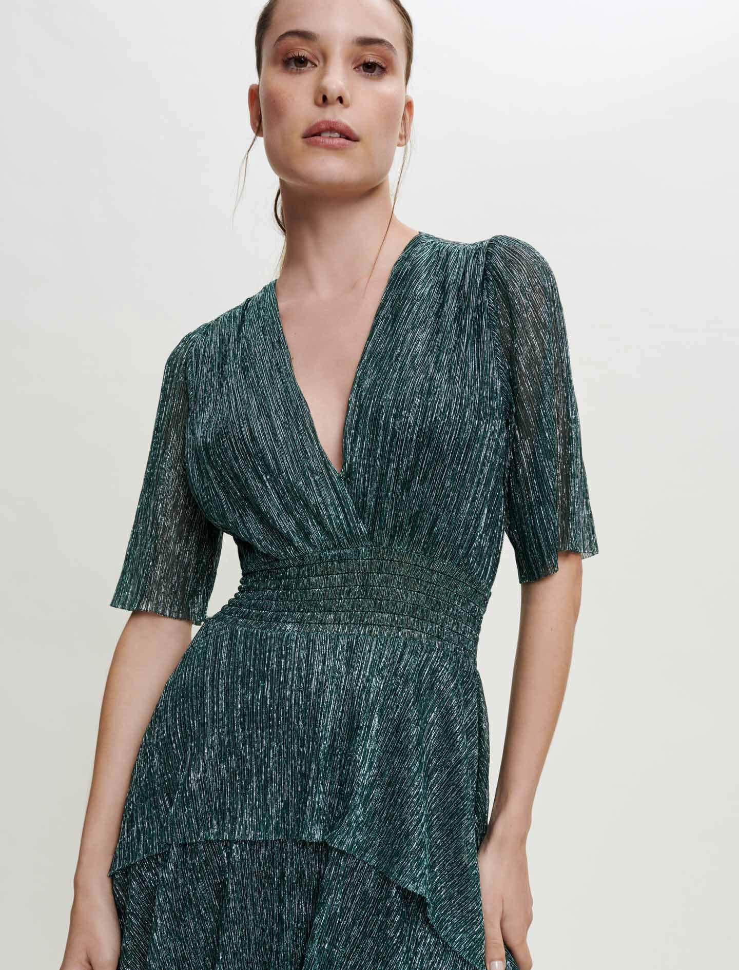 Maje Stretch Lurex Fabric Dress With Ruffles in Green | Lyst