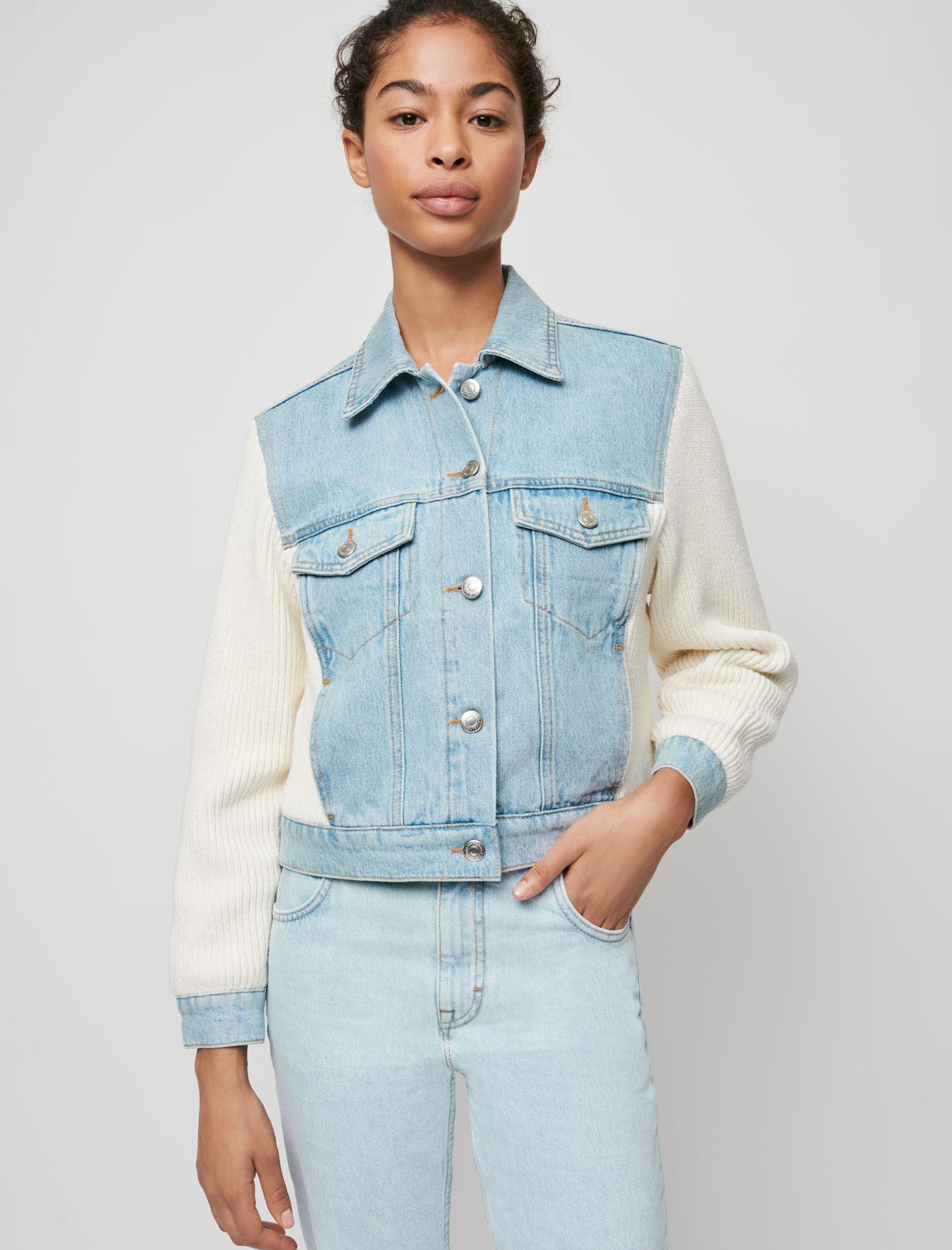 Maje Mixed Material Knit And Denim Jacket in Blue | Lyst