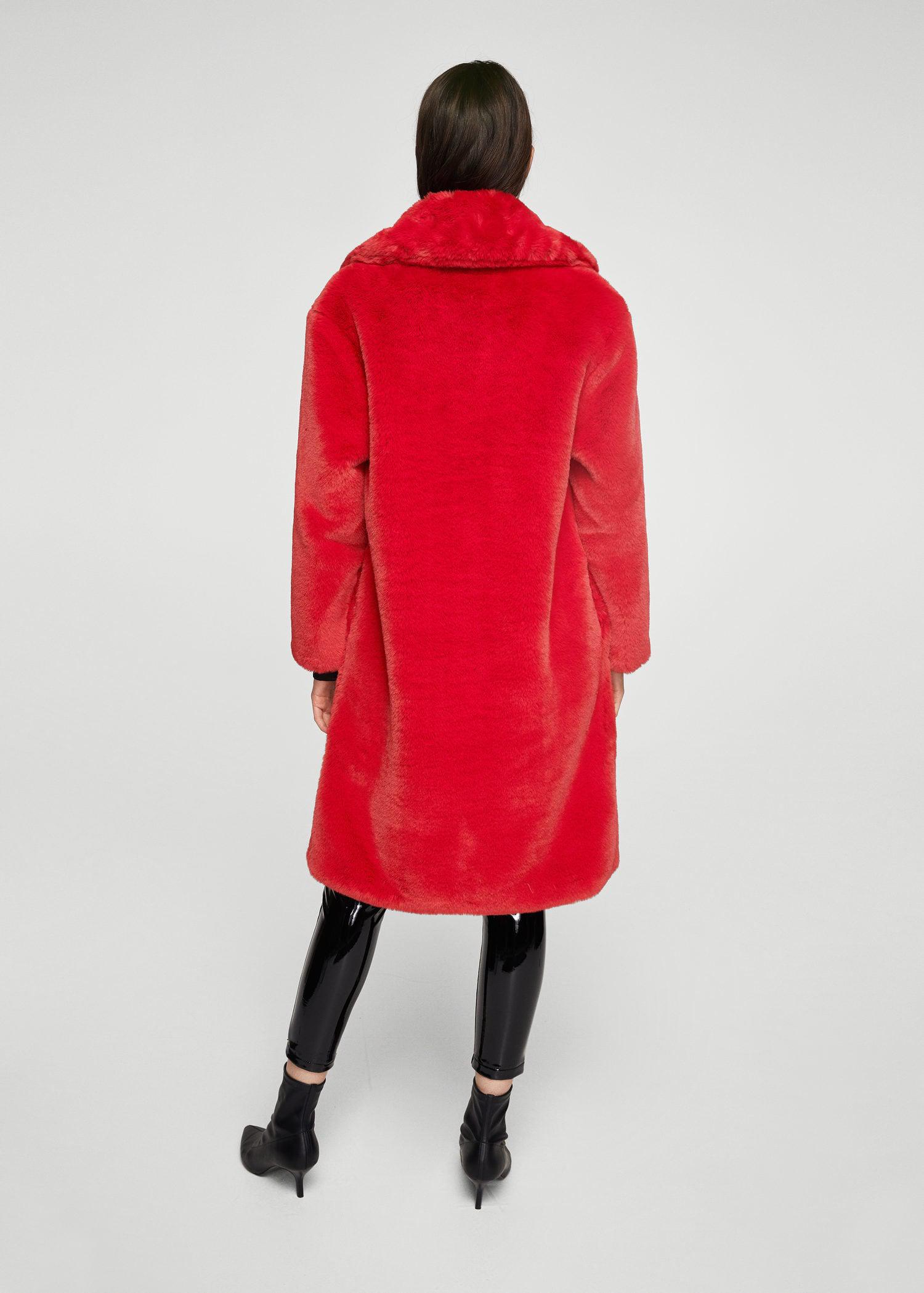 Mango Lapels Faux Fur Coat in Red | Lyst UK