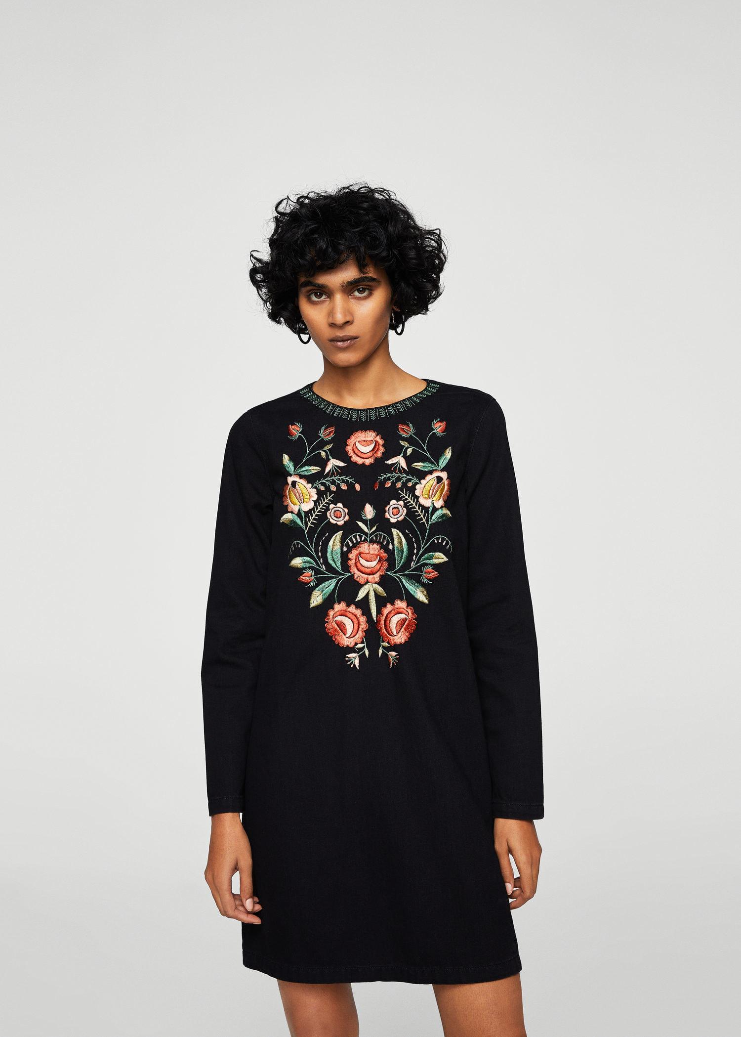 Lyst - Mango Flower Embroidered Denim Dress in Black