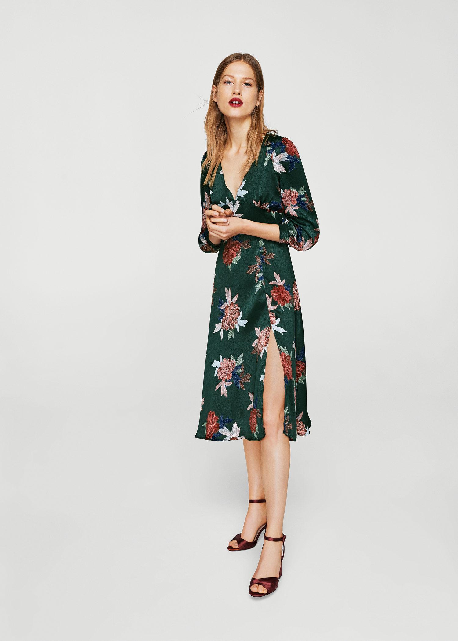 Mango Synthetic Floral Print Dress in Dark Green (Green) - Lyst