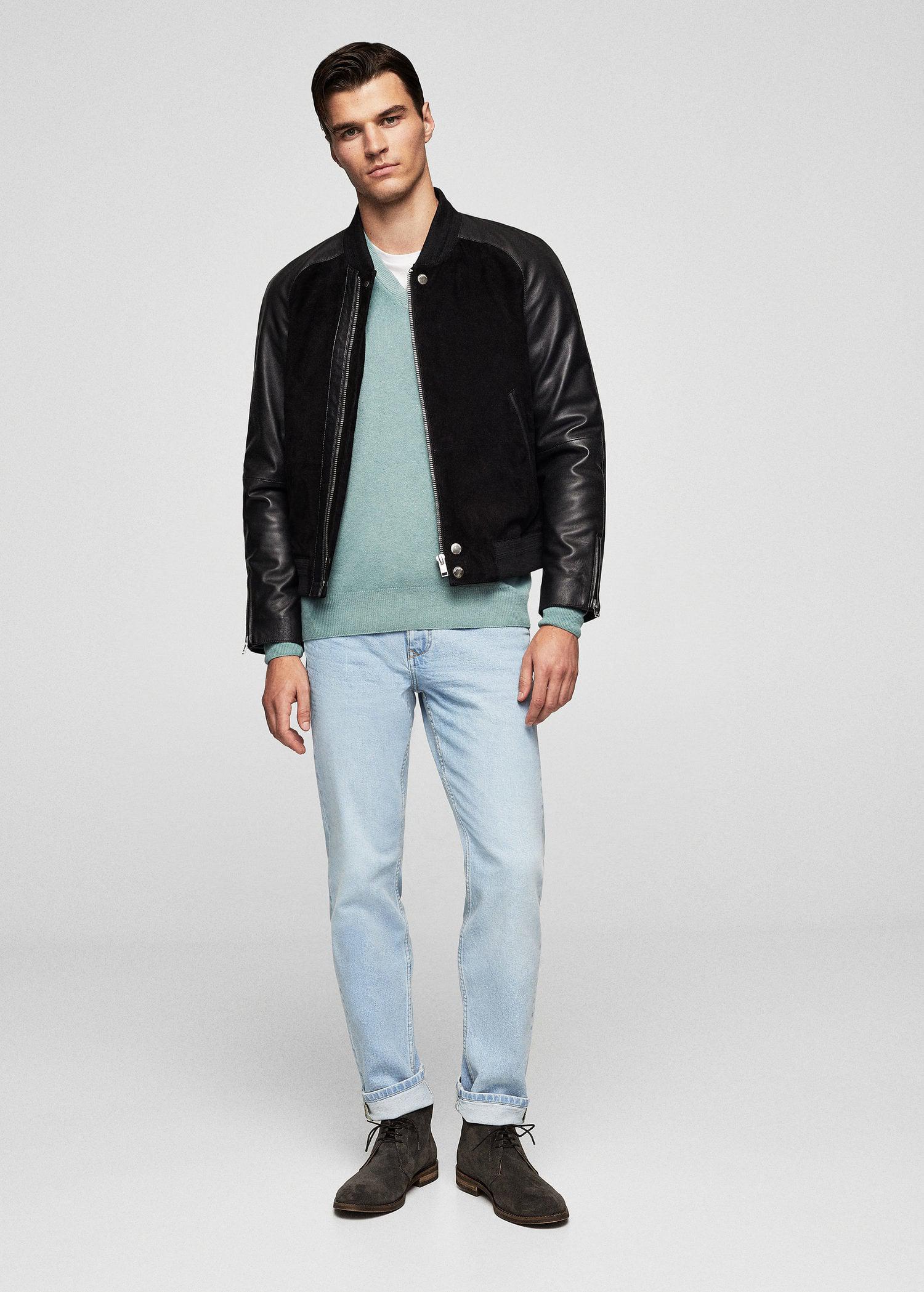 Mango Mixed Leather Bomber Jacket in Black for Men - Lyst