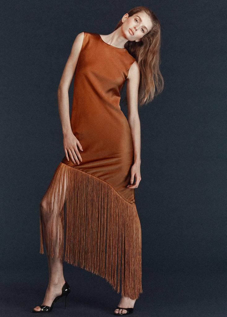 Mango Asymmetrical Satin Dress With Fringes in Blue