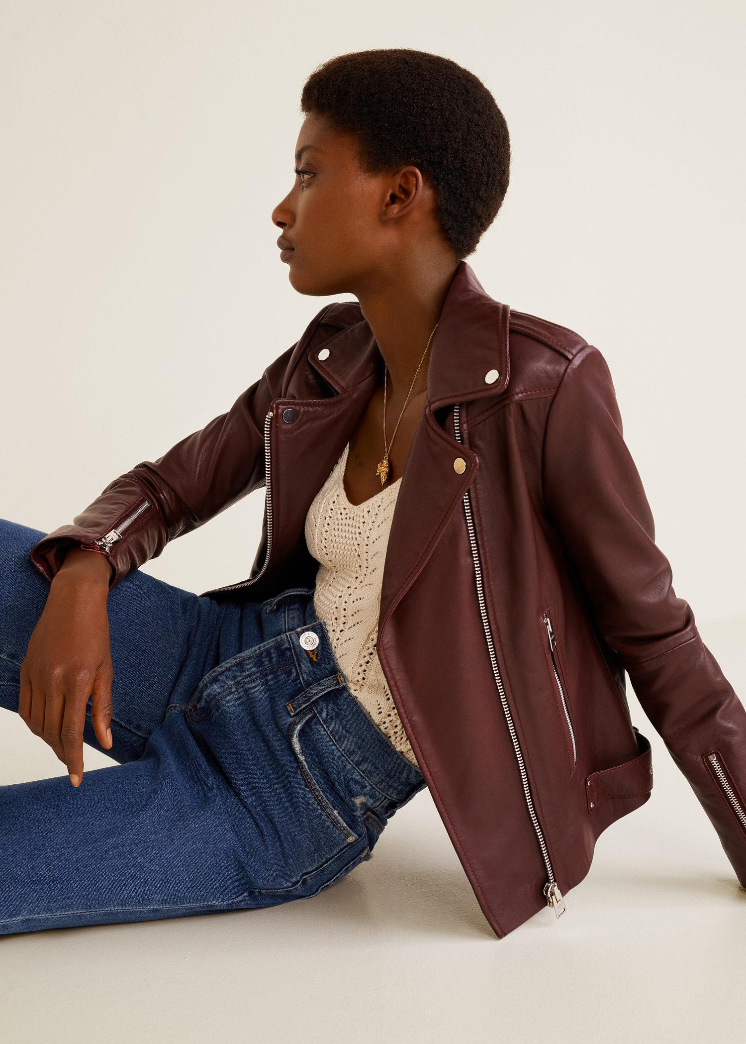 <b>Mango</b> Zipper Leather Biker <b>Jacket</b> - Lyst. <b>mango</b> burgundy leather <b>jacket</b>. 