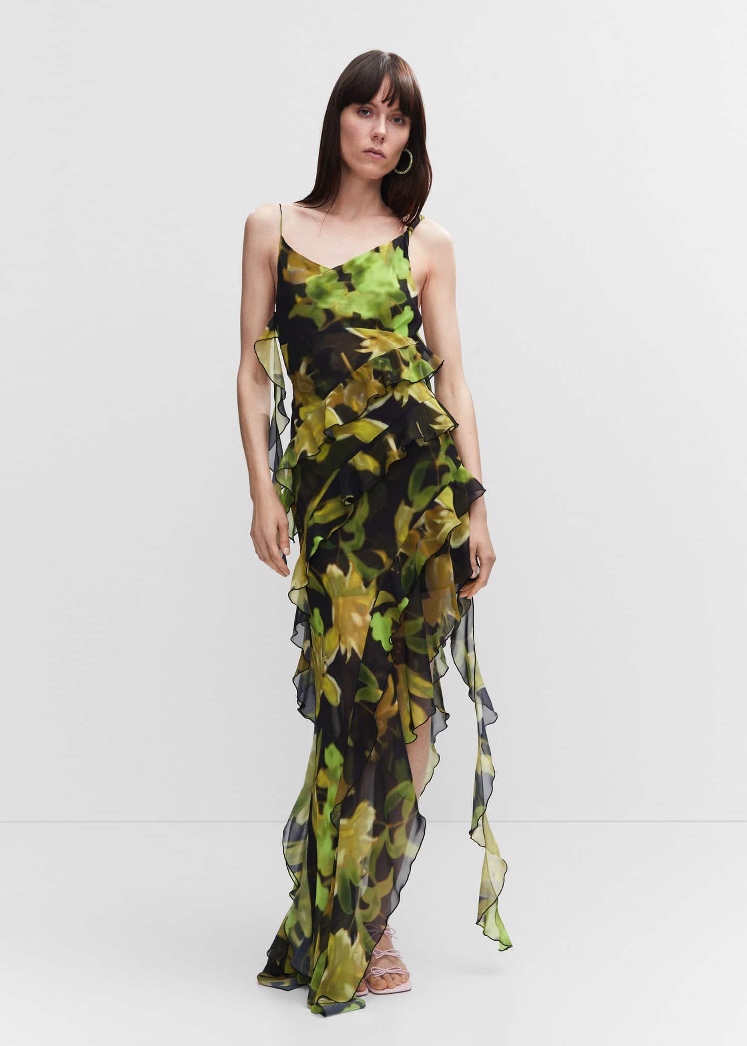 mango asymmetrical ruffle dress Yellow Sleeveless Floral Micro Ruffle Trapeze Midi Dress