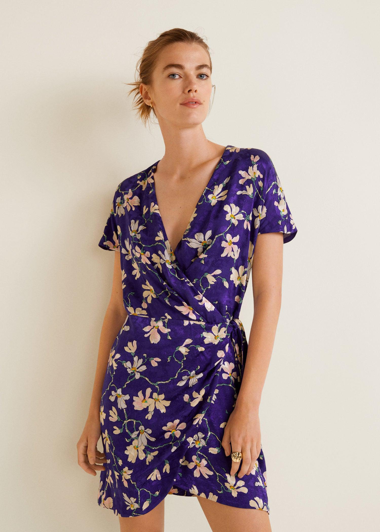 purple floral wrap dress