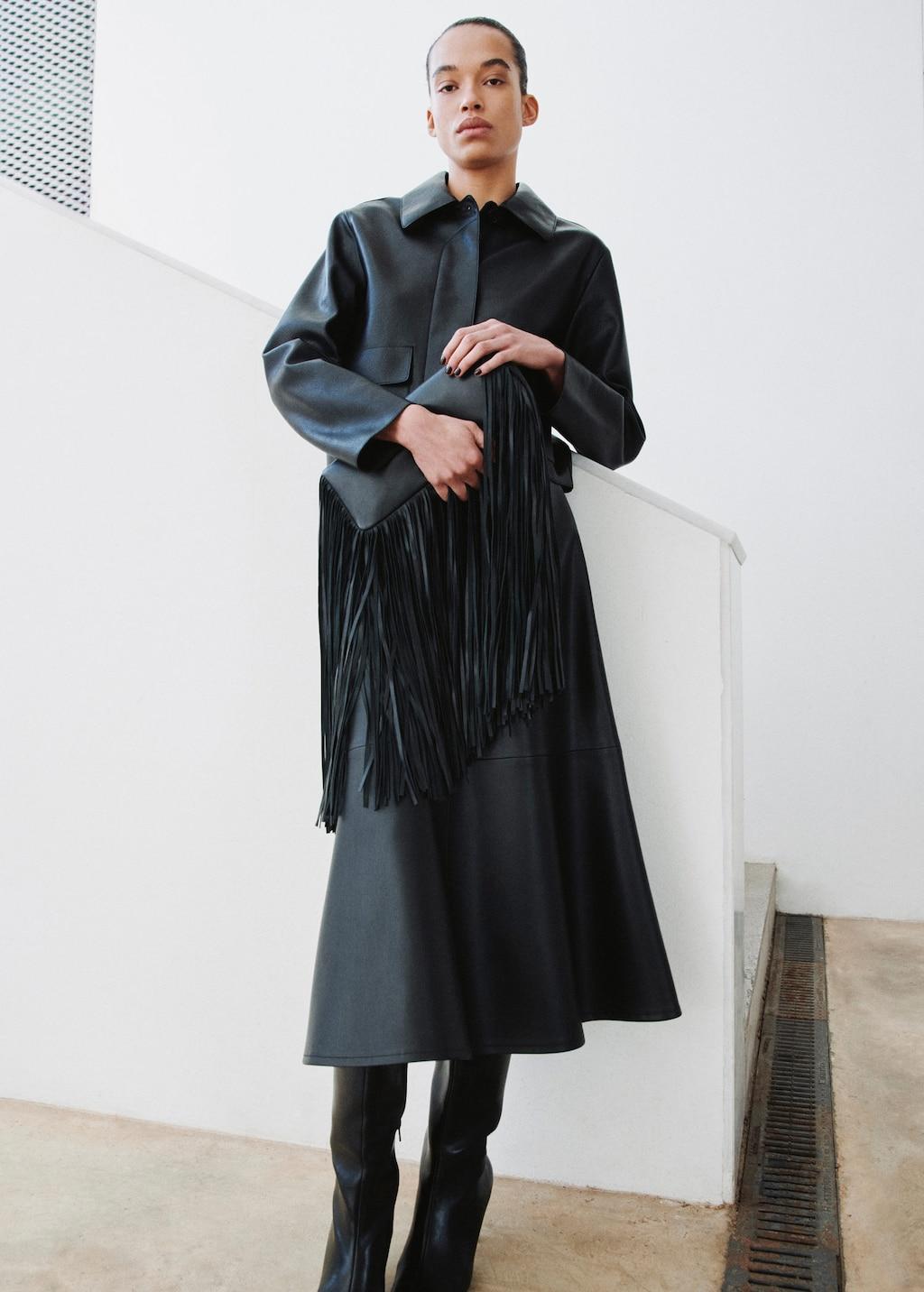 Jupe Midi En Cuir Véritable Noir Mango - Neuve Avec Étiquette, Taille 38, Style Évasé