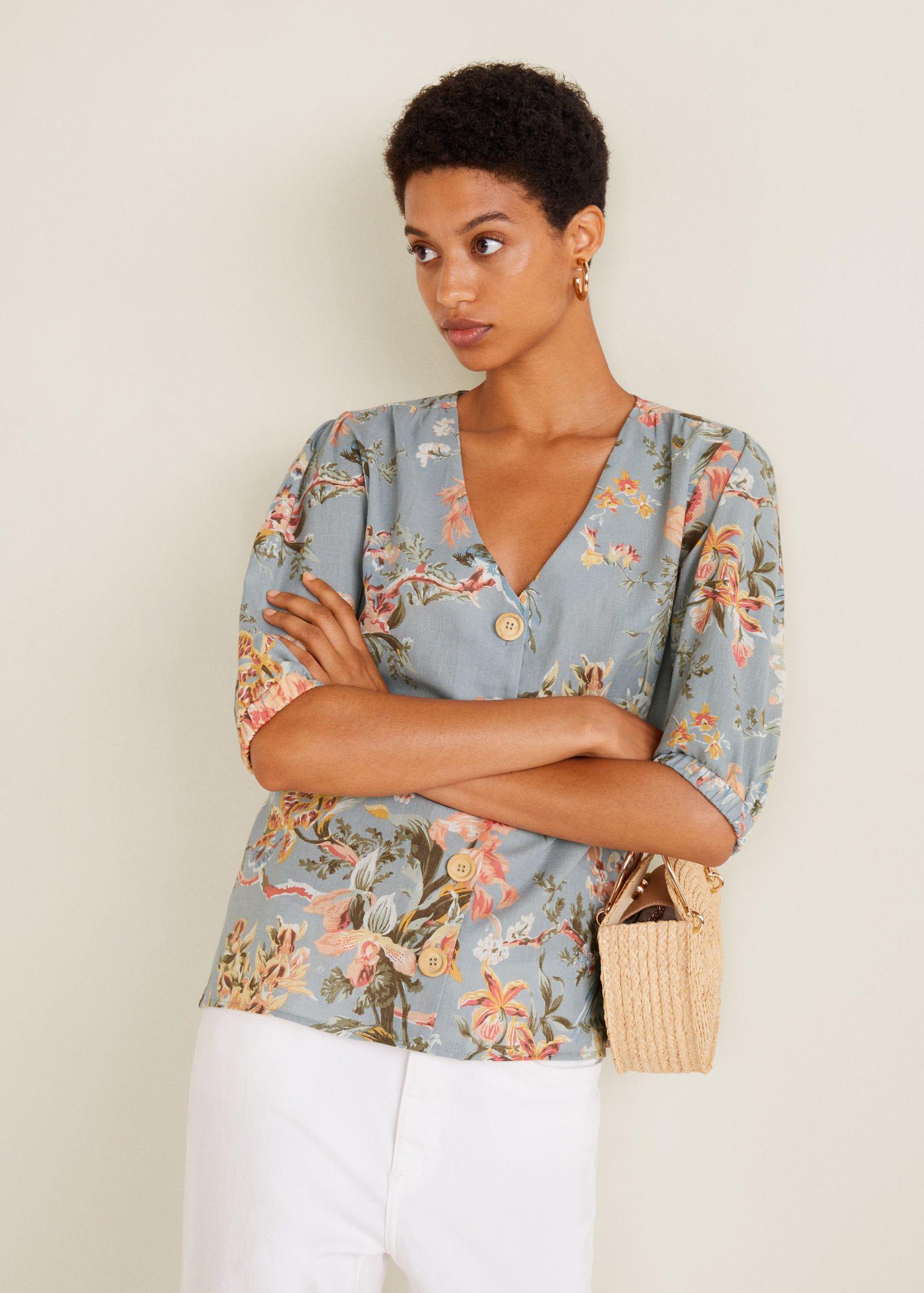 Mango Floral Linenblend Blouse in Grey (Gray) Lyst