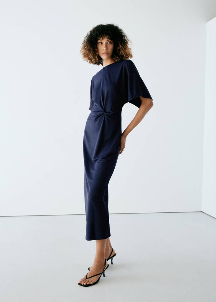 mango bow knitted dress Elbow Sleeve Dresses for Women Navy