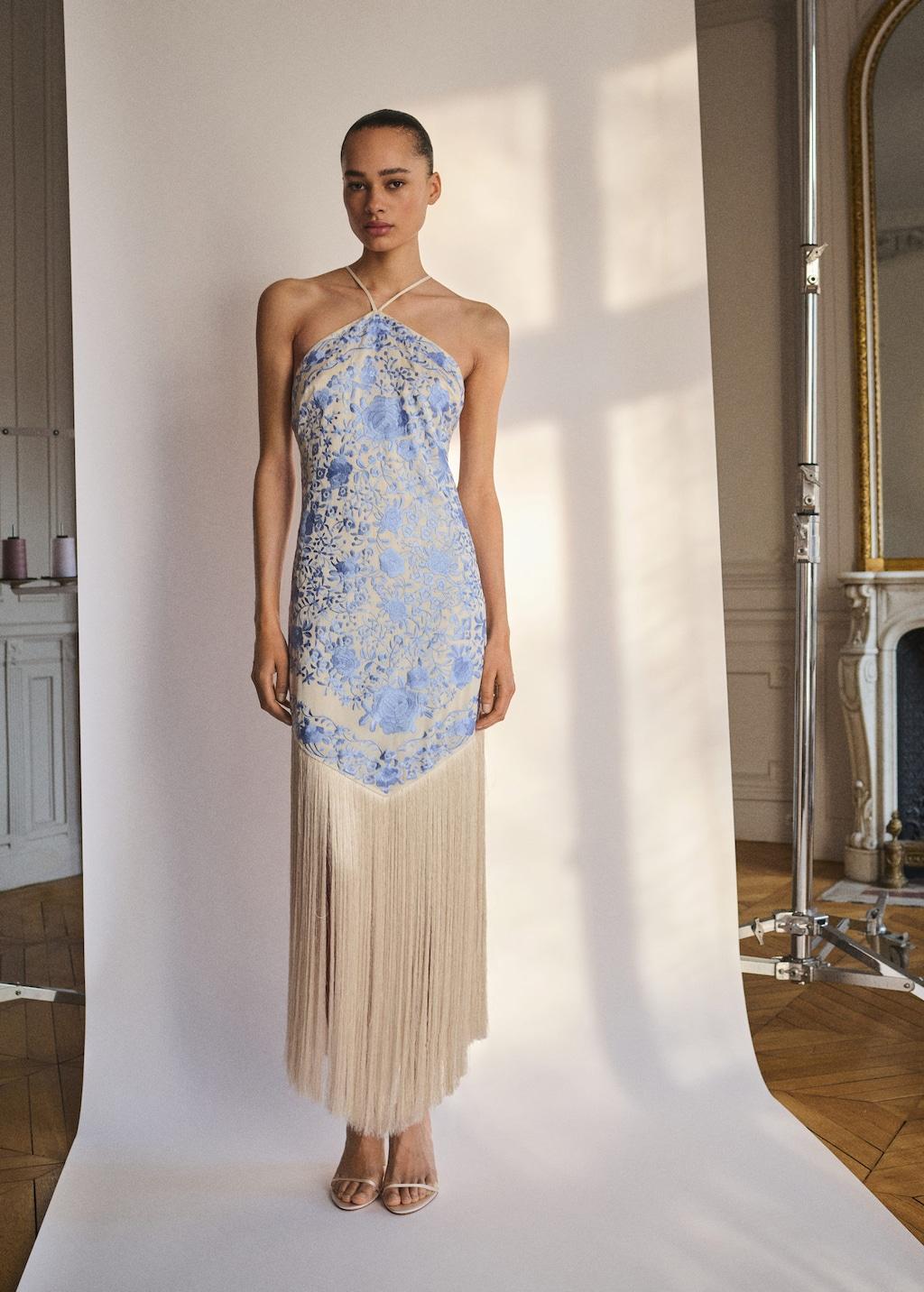 Mango Floral-Embroidered Dress With Fringe Detail in Natural | Lyst