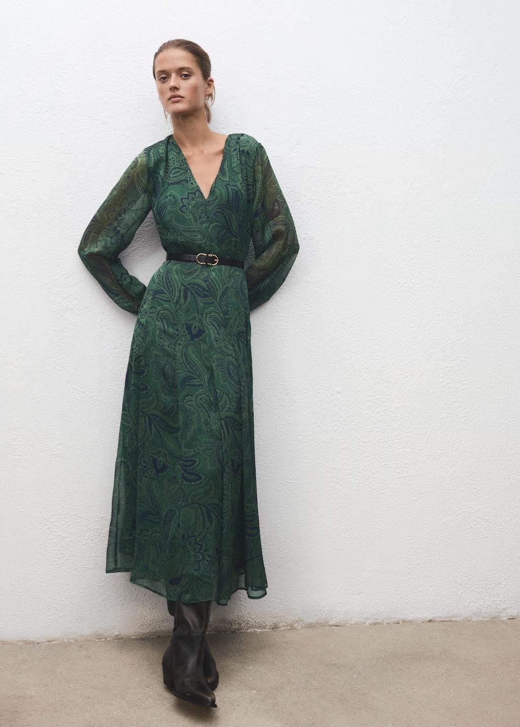Mango Belt Printed Dress in Green | Lyst