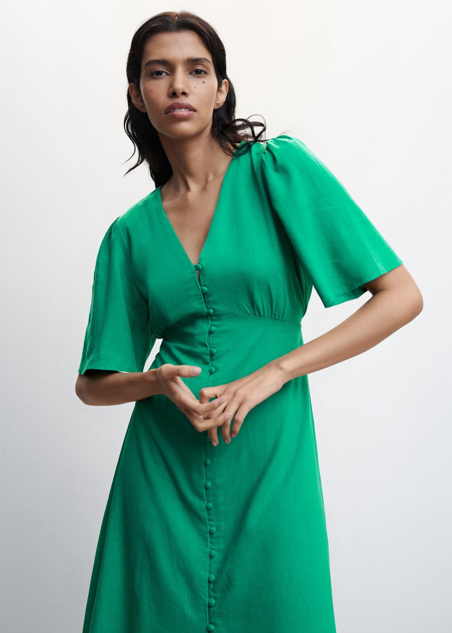 Mango Buttoned Linen-blend Dress Emerald in Green | Lyst UK