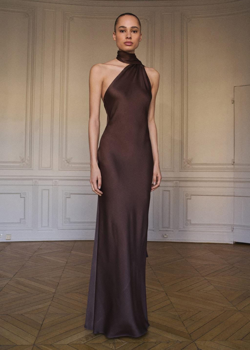 Mango Asymmetrical Bow-Neck Dress in Brown | Lyst UK
