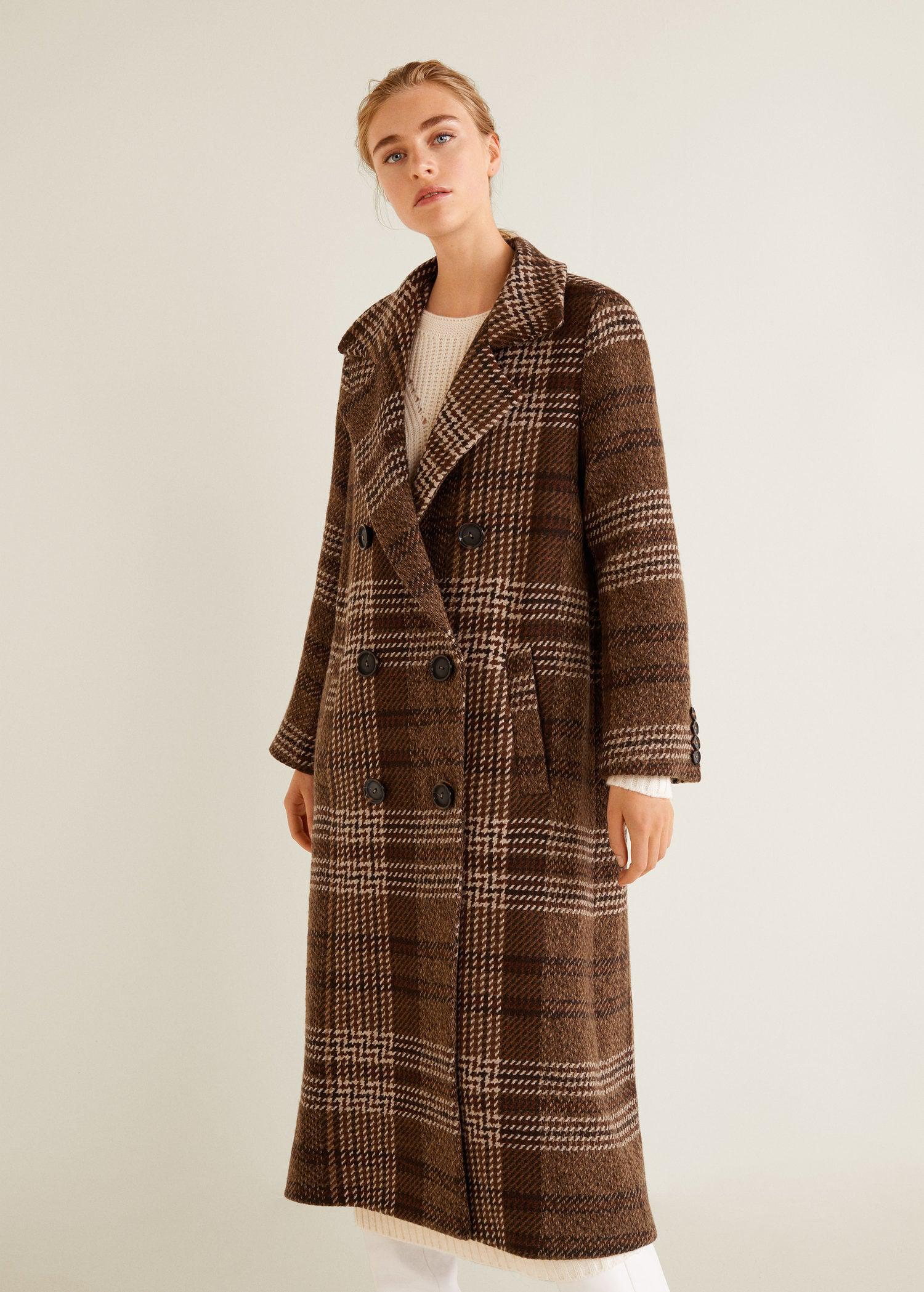 Mango Checked Recycled Wool Coat in Brown - Lyst