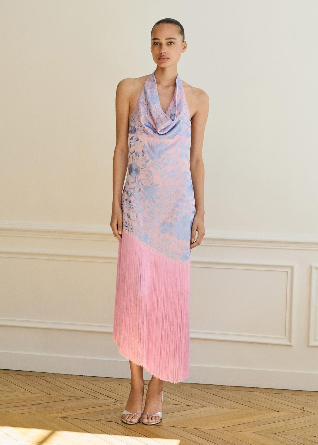 Mango Asymmetrical Dress With Embroidered Fringes in Pink