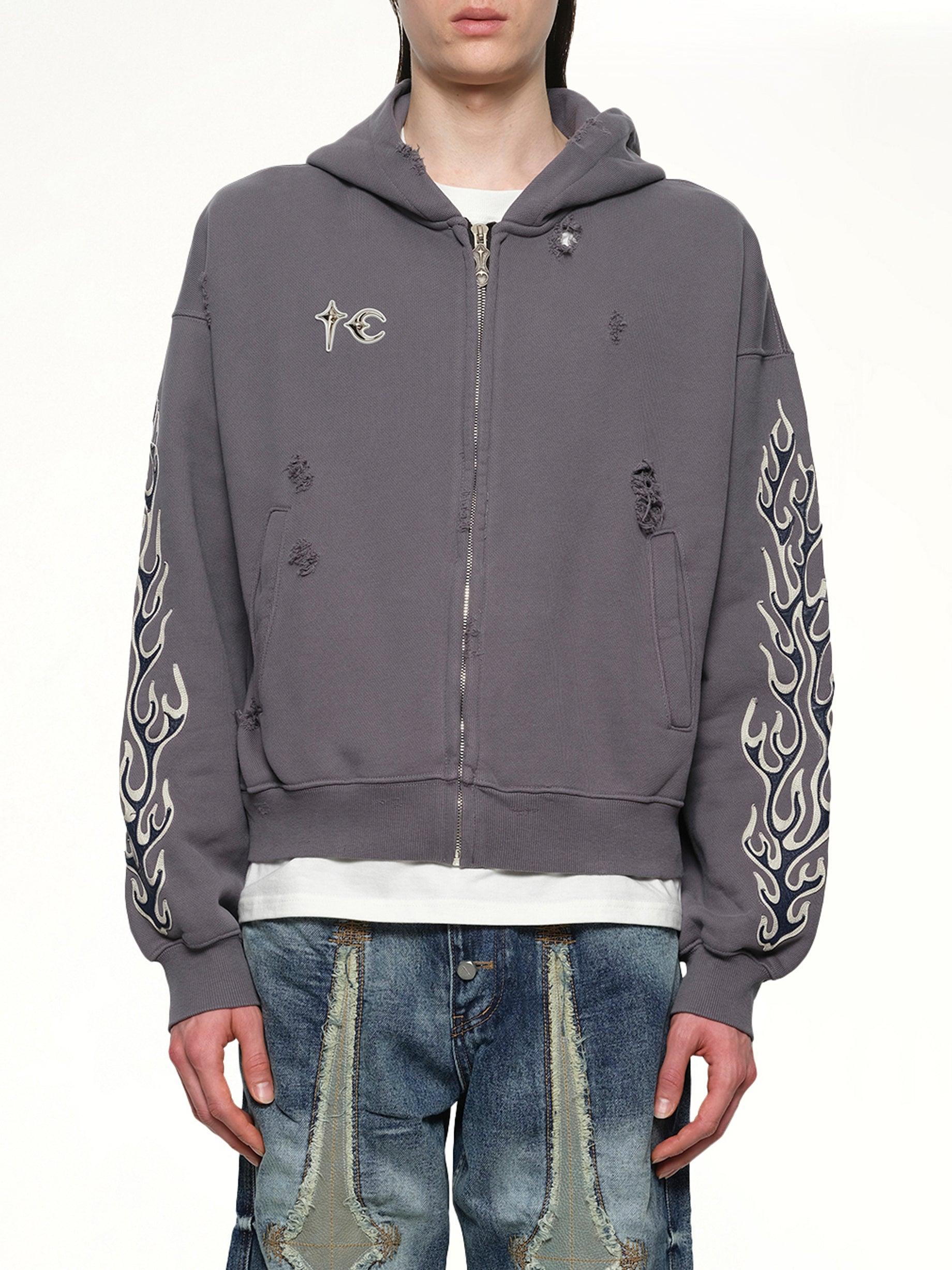 THUG CLUB Leather Flame Hooded Zip-Up in Grey for Men | Lyst UK
