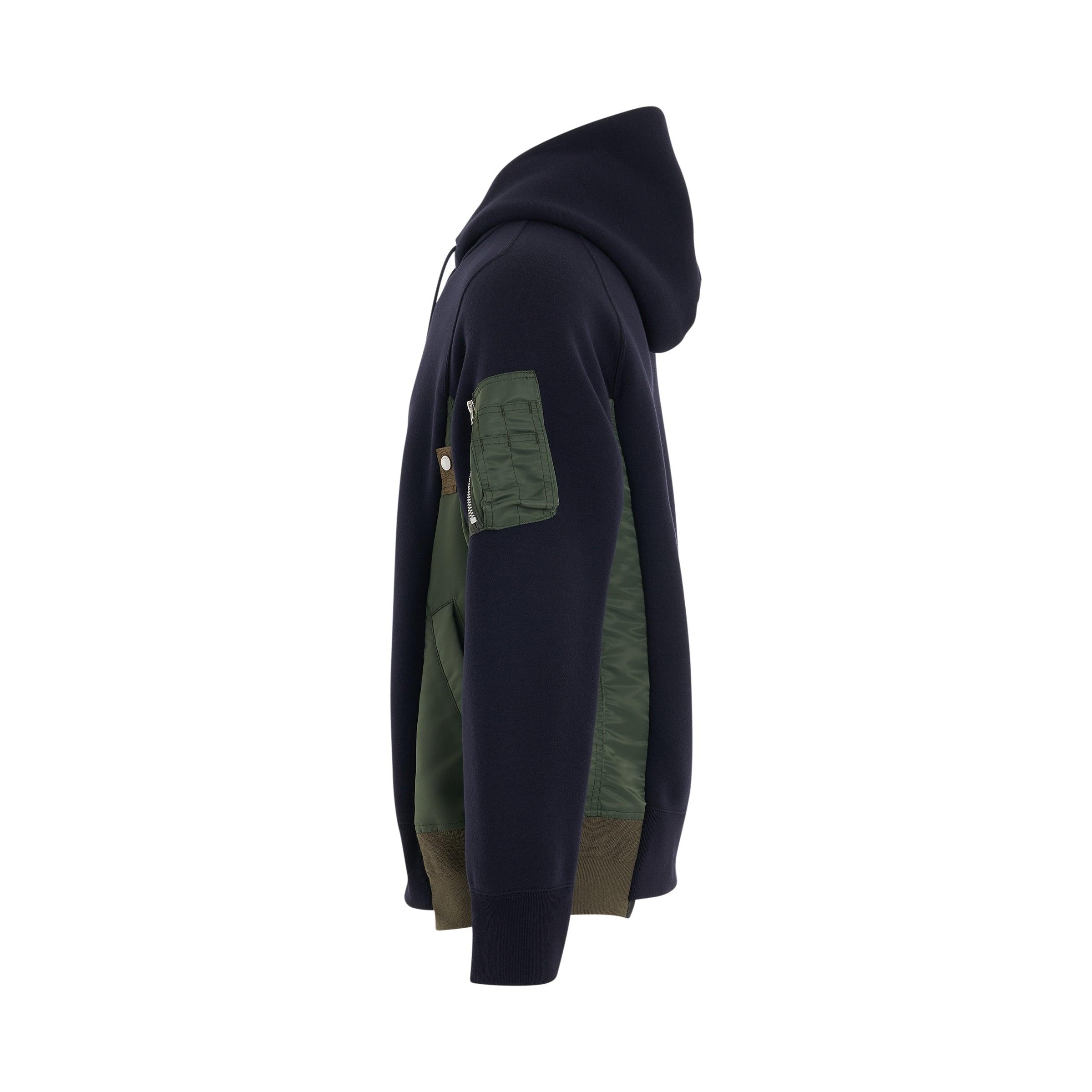 Sacai Sponge Sweat X Nylon Twill Panelled Hoodie In Navy/khaki in