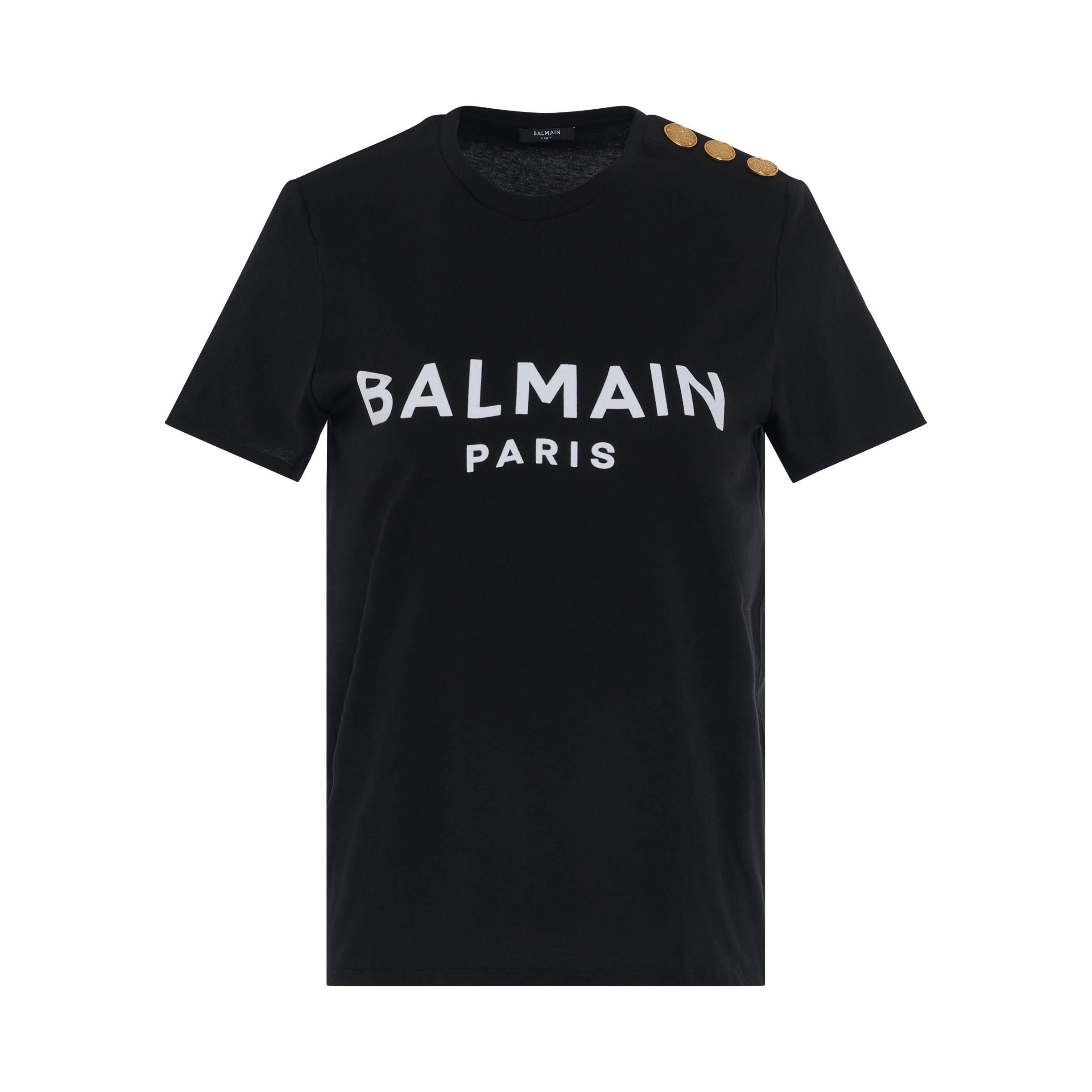 Balmain Cotton 3 Button Flocked Logo Classic Fit T-shirt In Black 