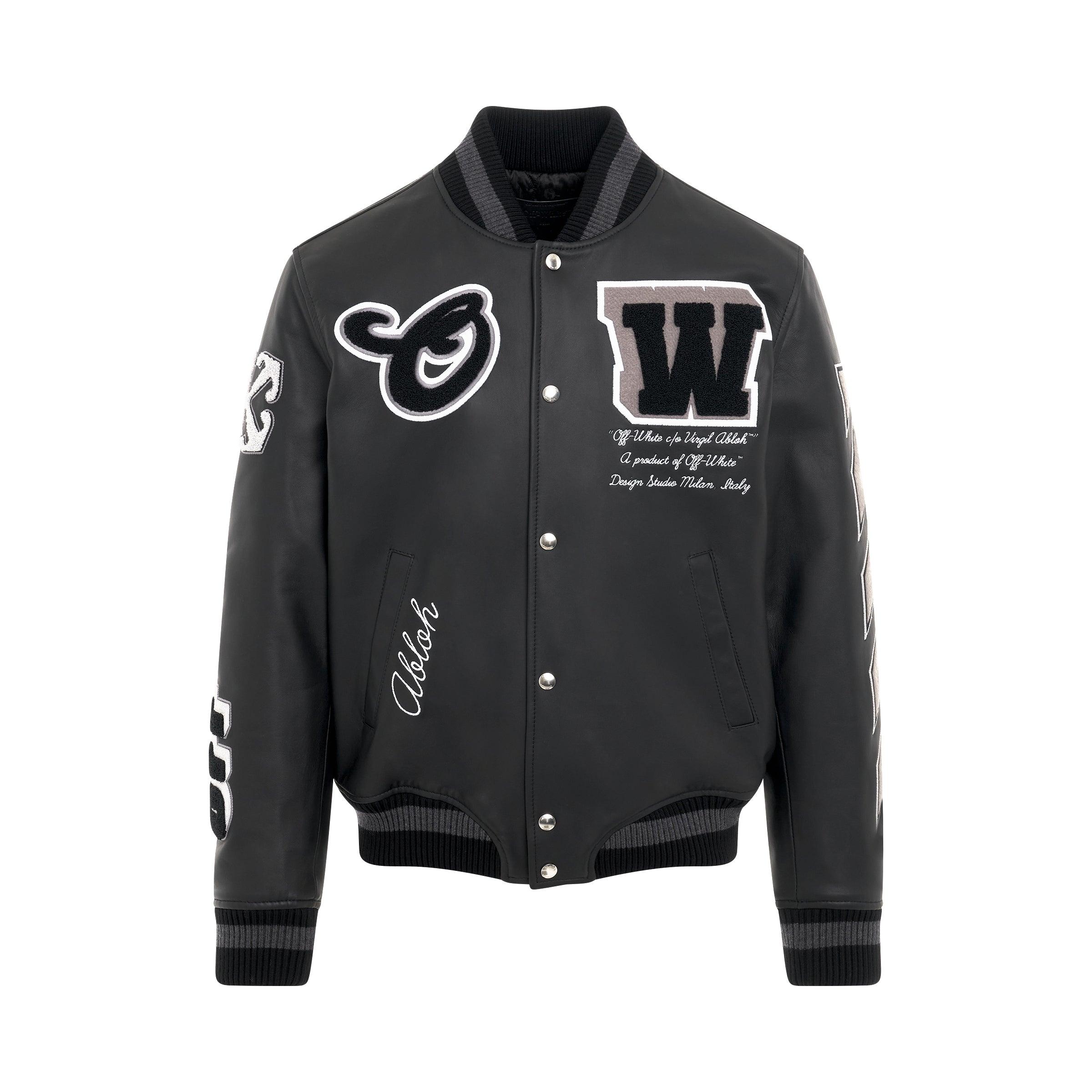 Off-White c/o Virgil Abloh Leather Varsity Jacket in Black