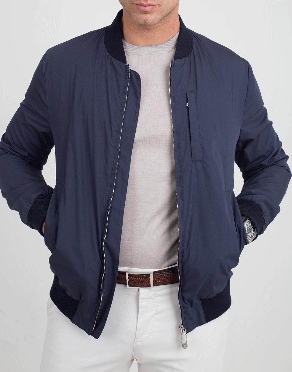 blue nylon bomber jacket