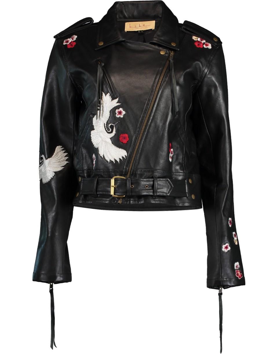 Nicole Miller Crane And Cherry Blossom Leather Jacket in Black | Lyst
