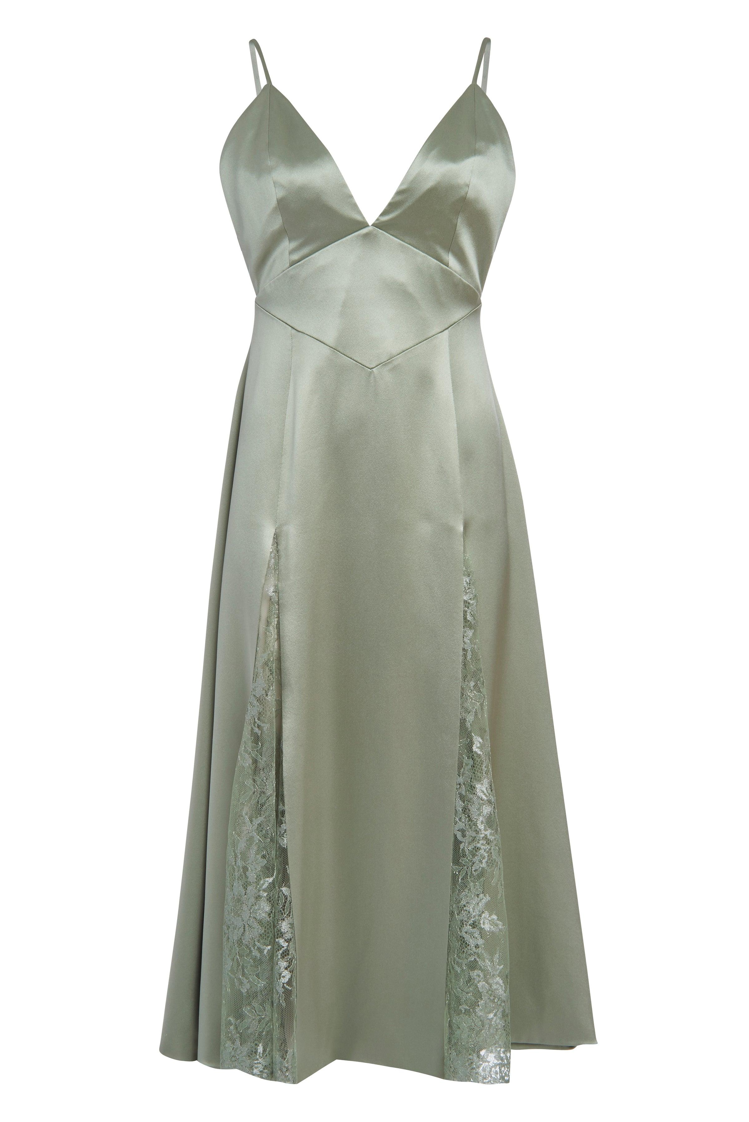 Markarian Final Sale Kenny Sage Green Satin Slip Dress With Lace Insert Lyst