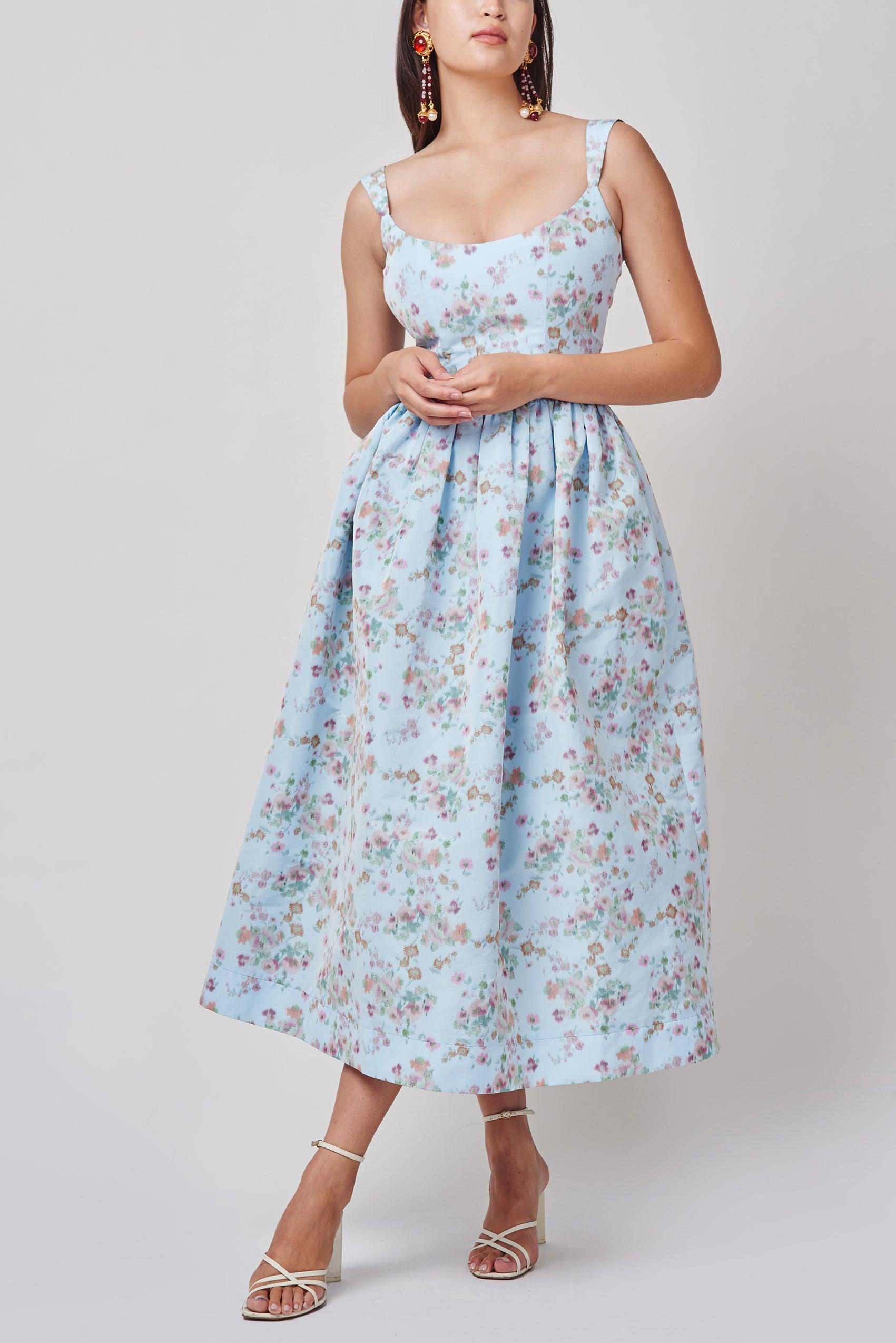 Apple Blue Ikat Floral Corset Dress 
