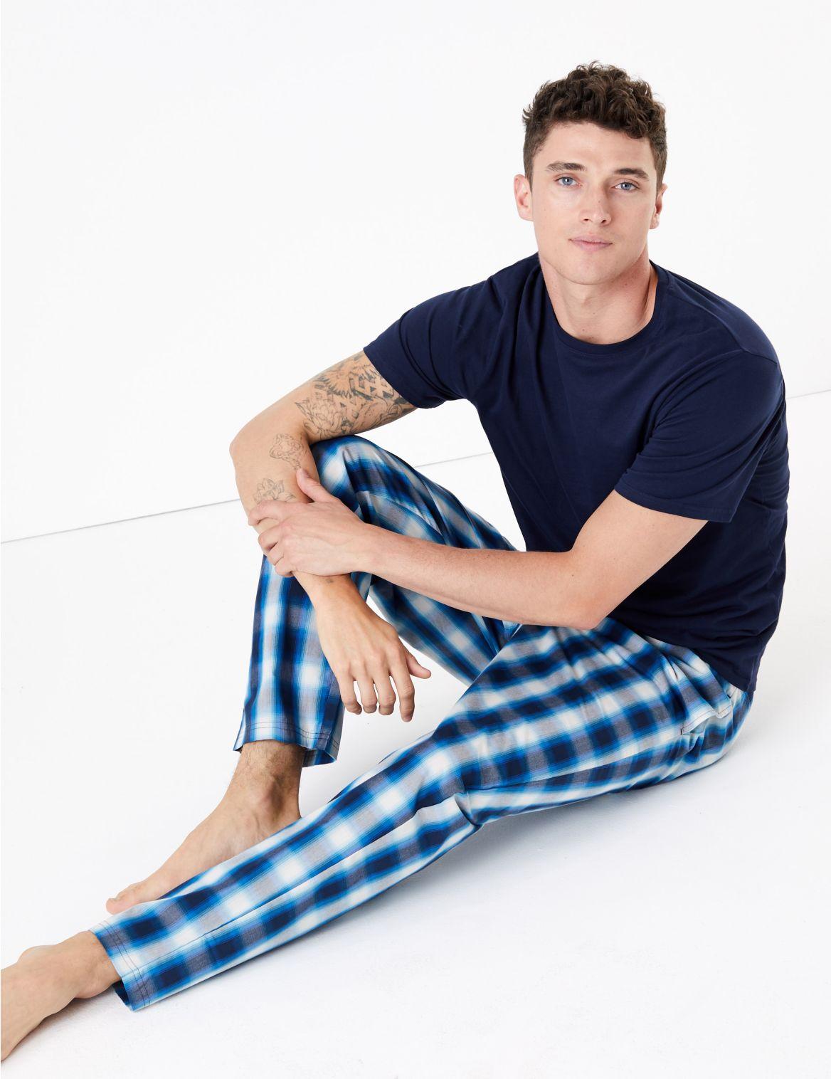Marks & Spencer Pure Cotton Checked Pyjama Set Navy Mix in Blue for Men