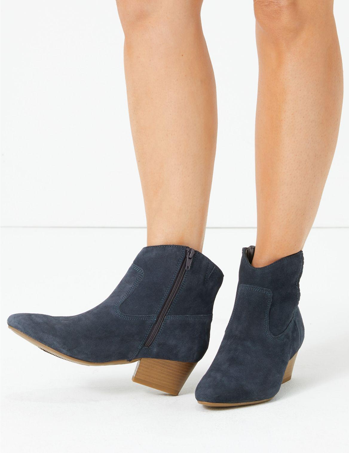 Marks & Spencer Suede Western Ankle Boots in Navy (Blue) - Lyst