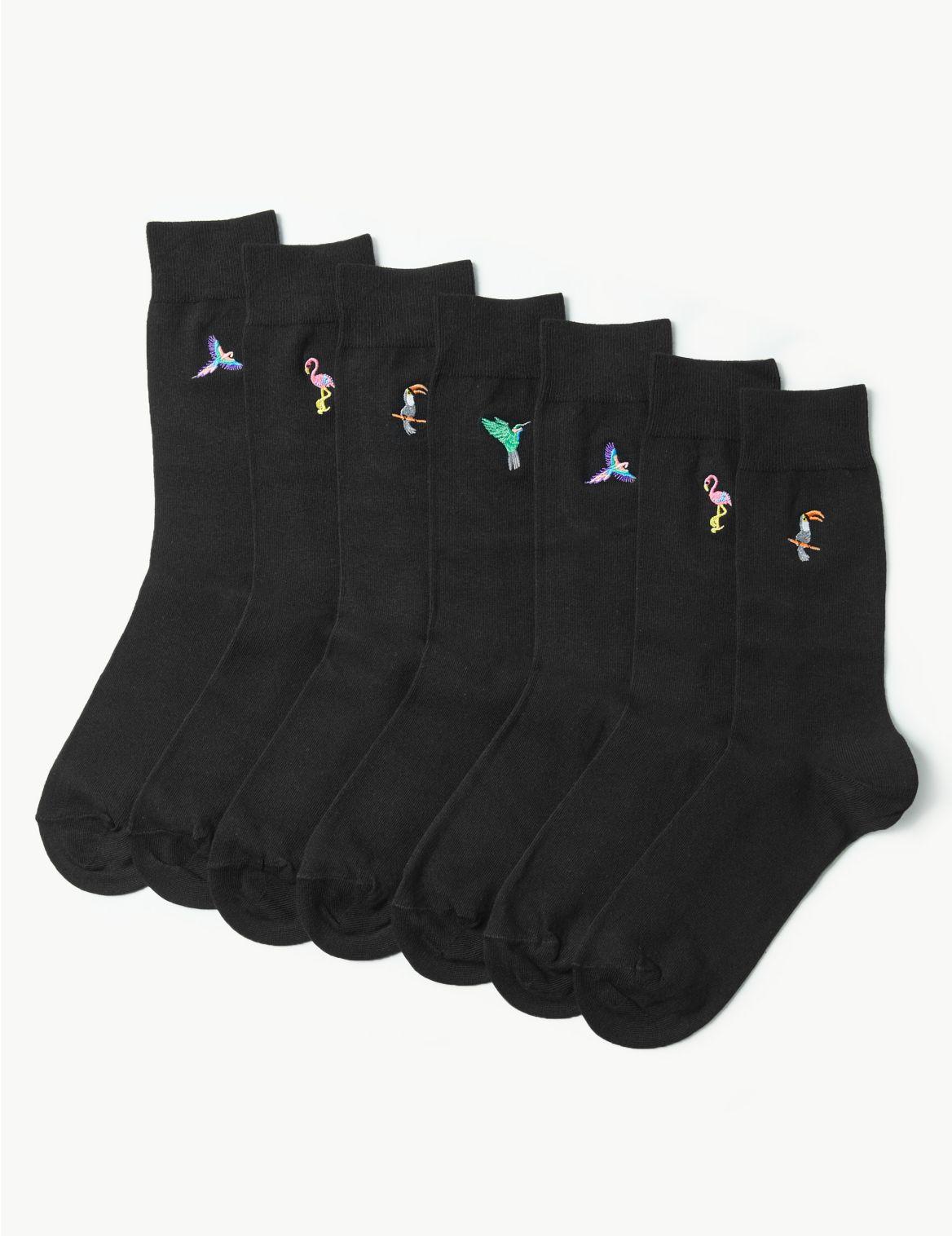 Marks & Spencer Cotton 7 Pack Cool & Freshtm Bird Embroidered Socks in