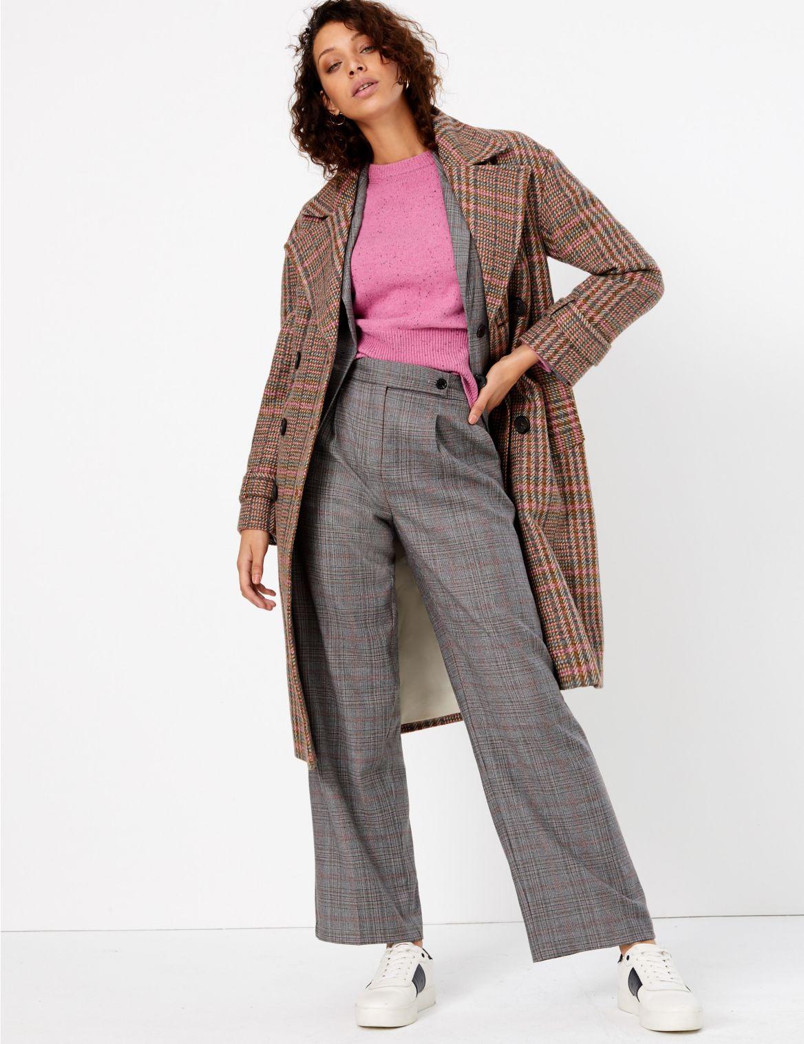 Marks & Spencer Wool Blend Checked Double Breasted Coat Pink Mix in ...