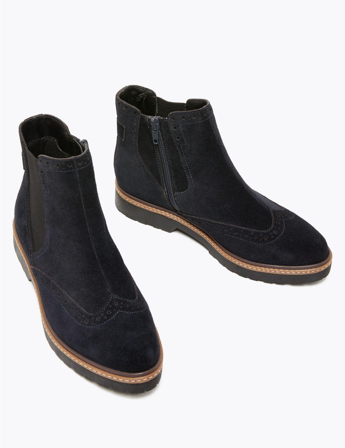 Marks & Spencer Wide Fit Suede Brogue Chelsea Ankle Boots in Navy (Blue) - Lyst