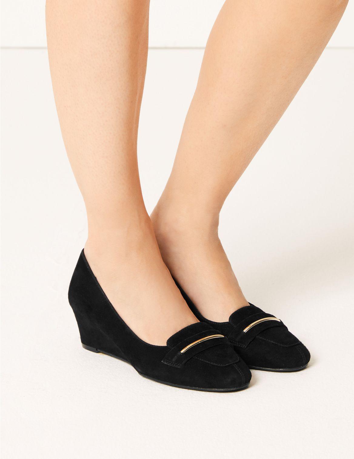 Marks & Spencer Suede Wedge Heel Trim Court Shoes in Black Lyst