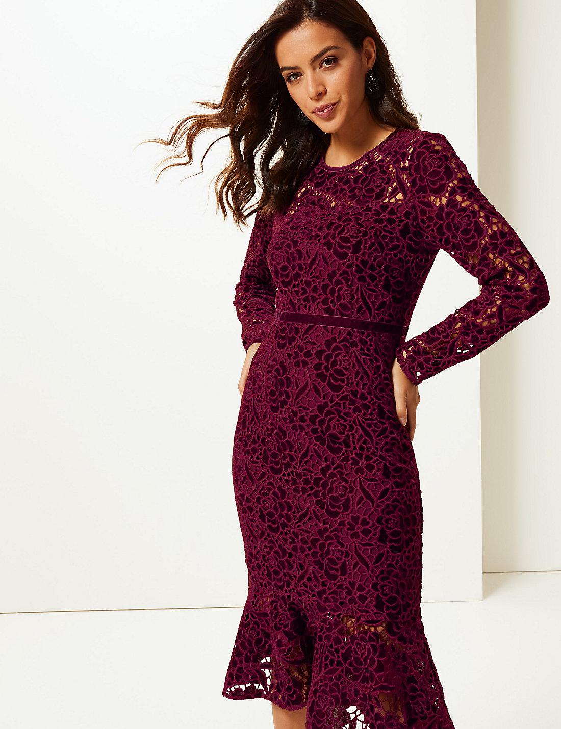 burgundy lace midi dress with sleeves