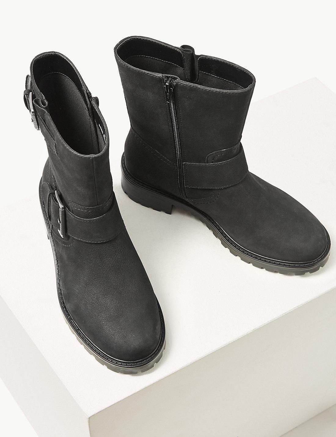 Wide Fit Leather Biker Ankle Boots 