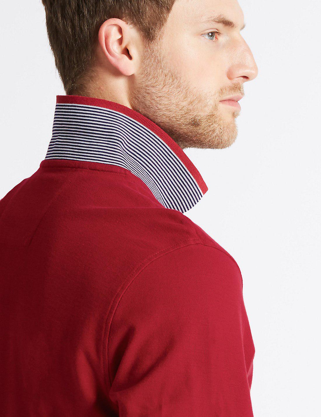 Lyst Marks & spencer Pure Cotton Long Sleeve Polo Shirt in Red for Men