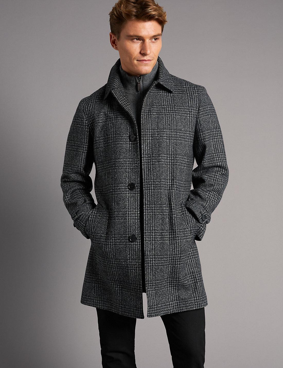 Lyst - Marks & spencer Wool Blend Checked Coat in Black for Men