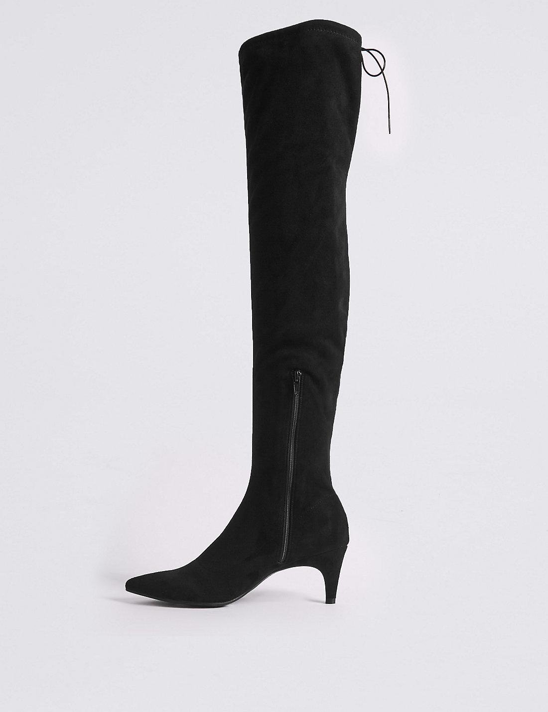black suede kitten heel knee high boots
