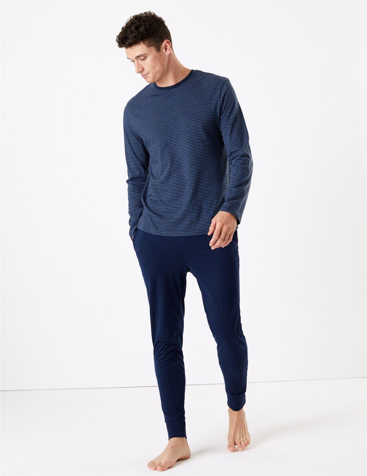 Marks & Spencer Pure Cotton Striped Pyjama Set Navy Mix in Blue for Men