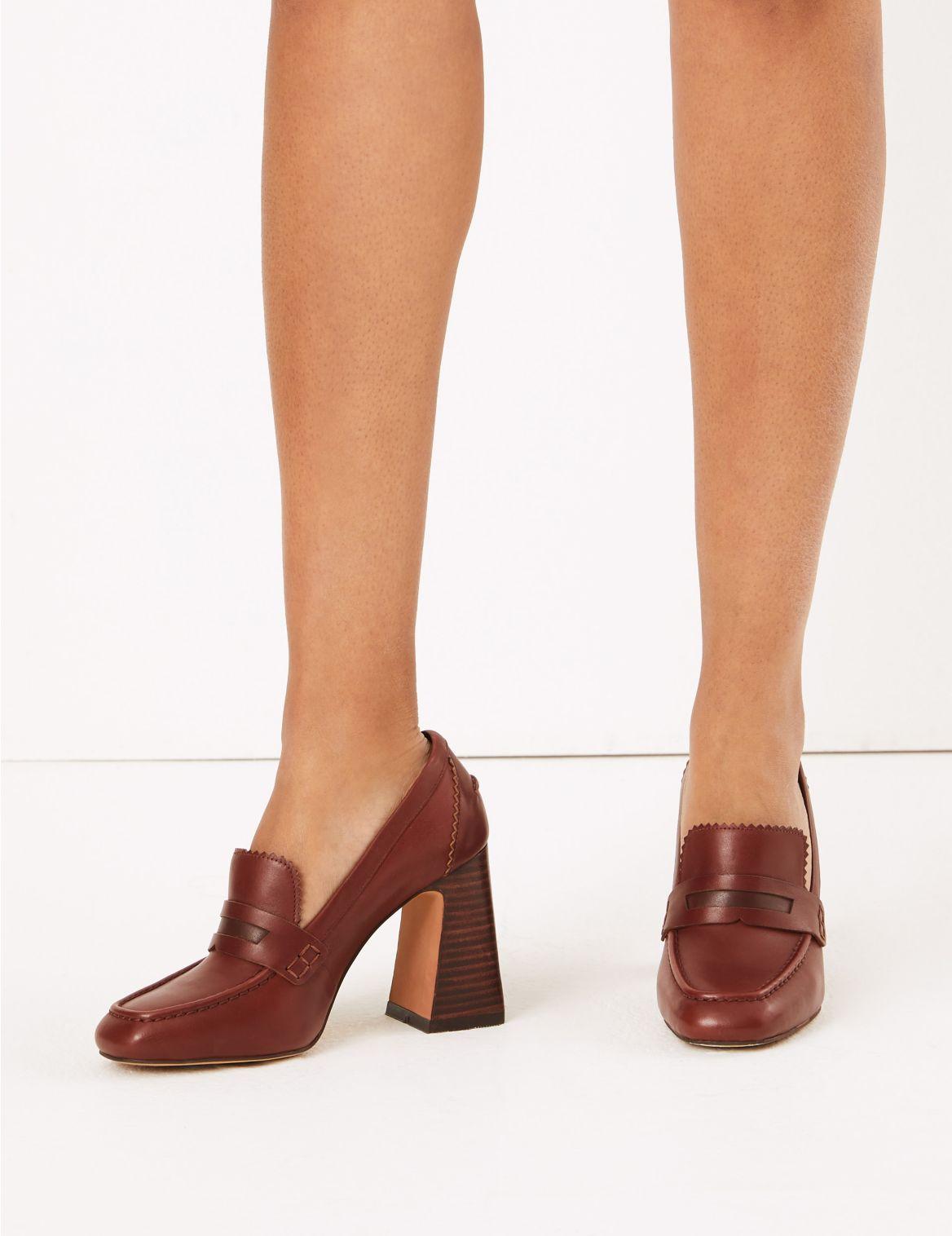 Marks & Spencer Leather Flared Block Heel Penny Loafers in Dark Tan
