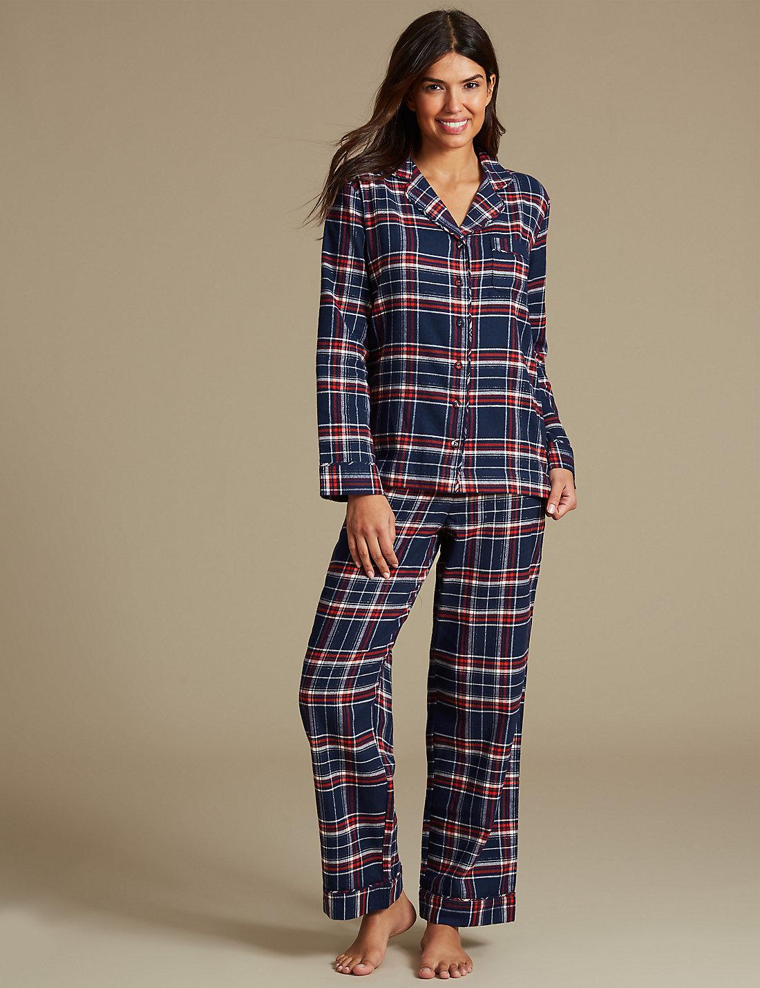 Marks & Spencer Cotton Rich Checked Pyjamas in Blue - Lyst