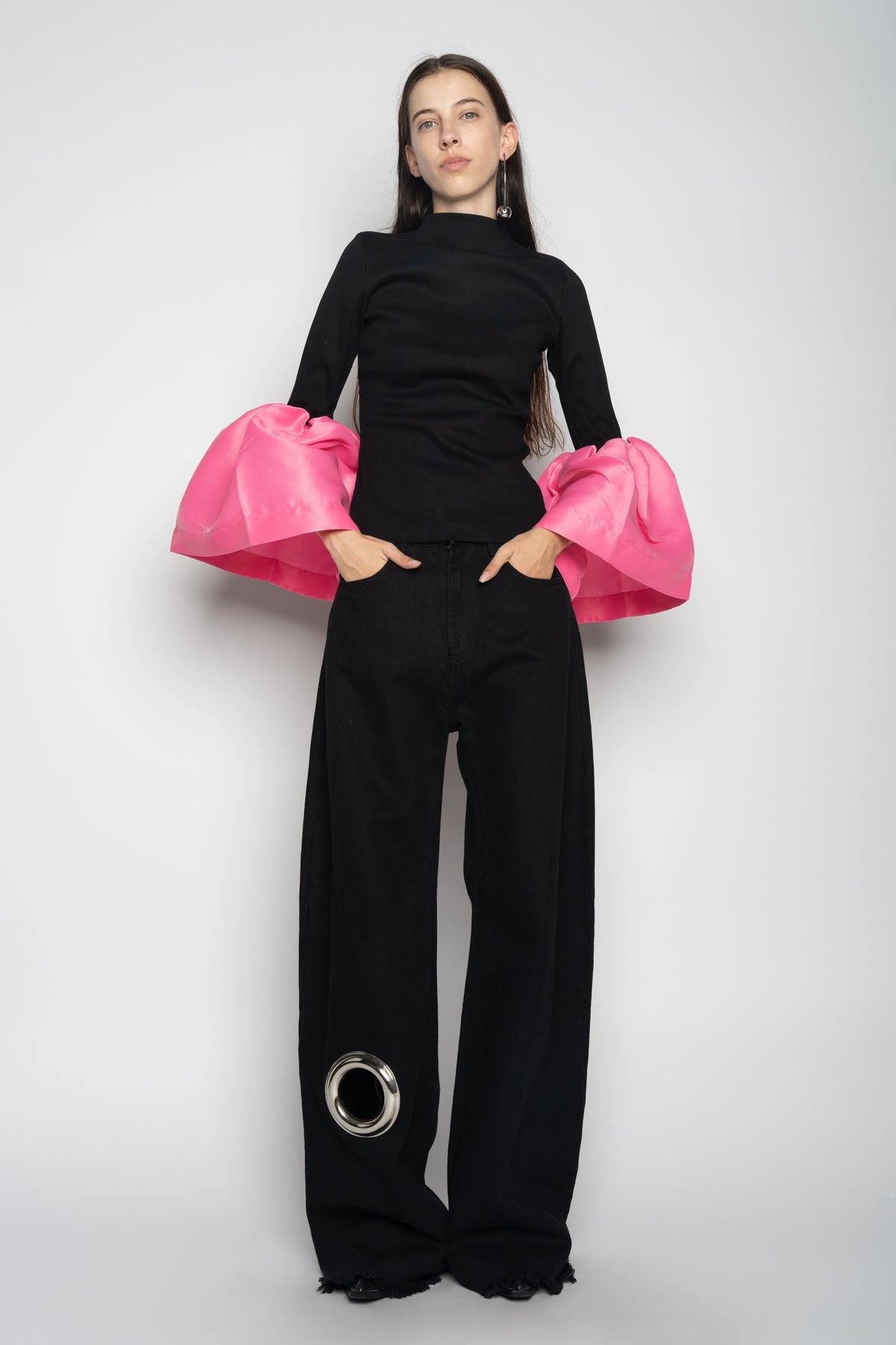 Marques'Almeida Black And Pink Turtleneck Puff Sleeve Top in Red | Lyst