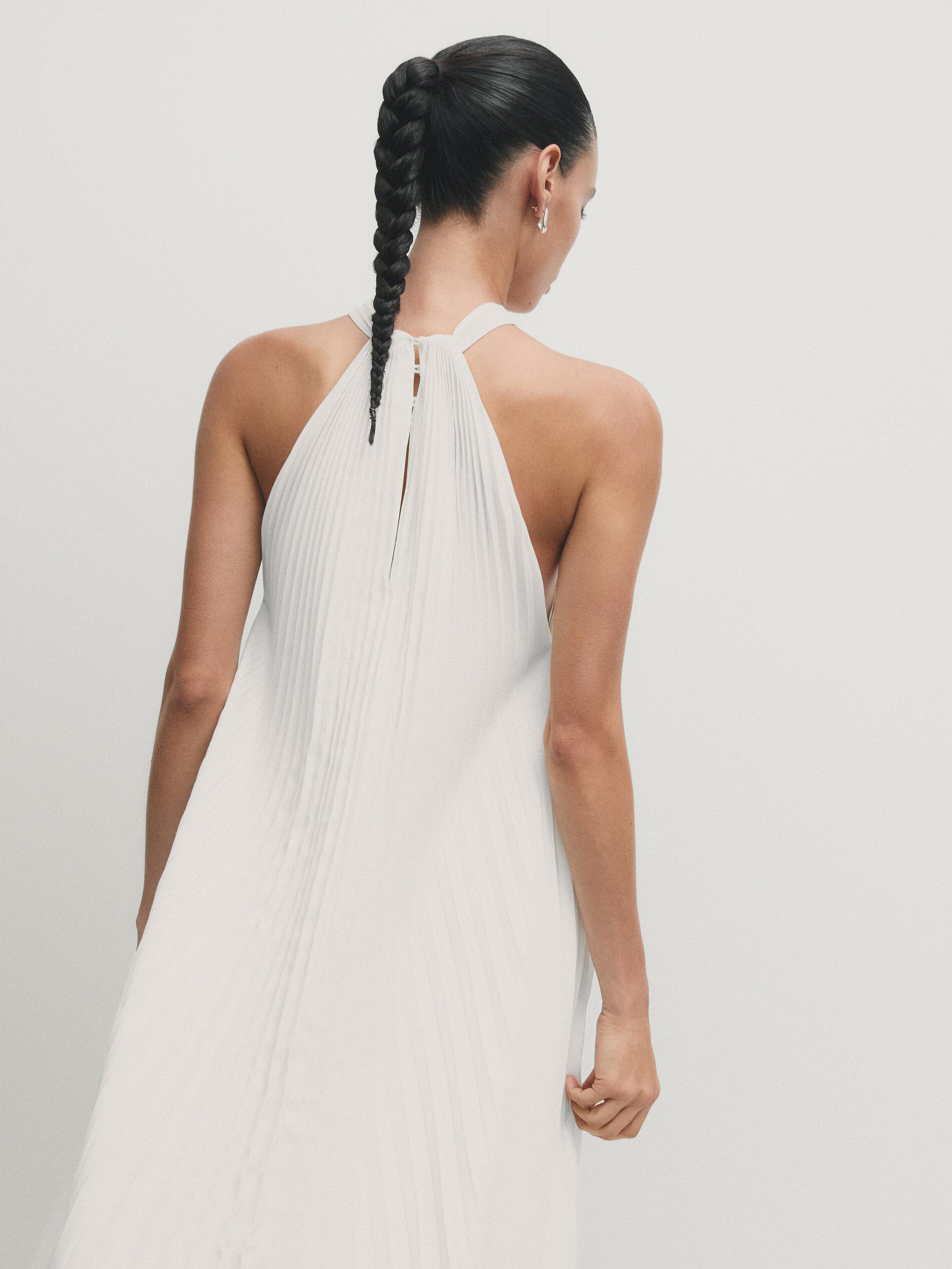MASSIMO DUTTI Pleated Halterneck Dress in White | Lyst UK