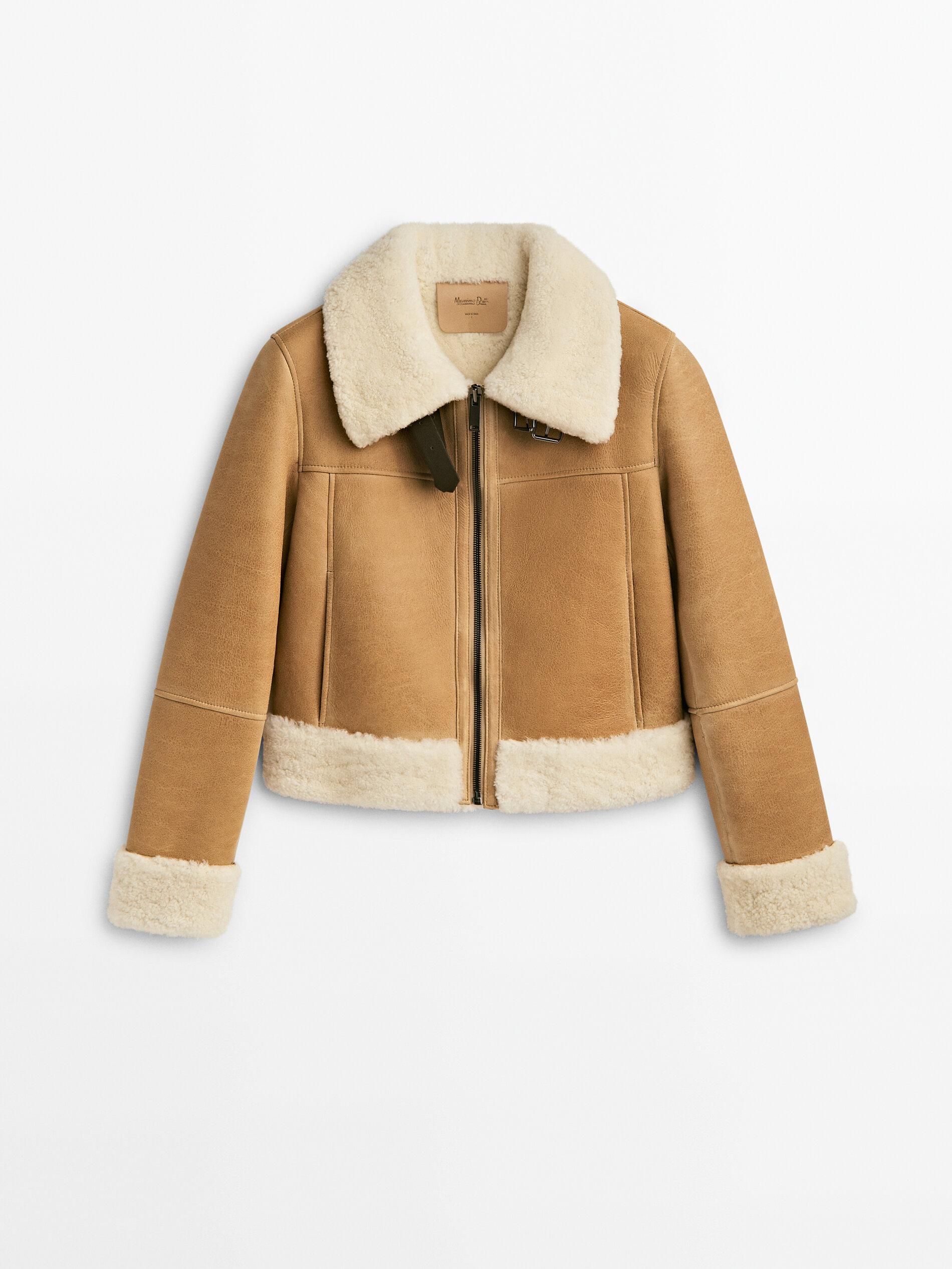 MASSIMO DUTTI Mouton Leather Aviator Jacket in Natural | Lyst
