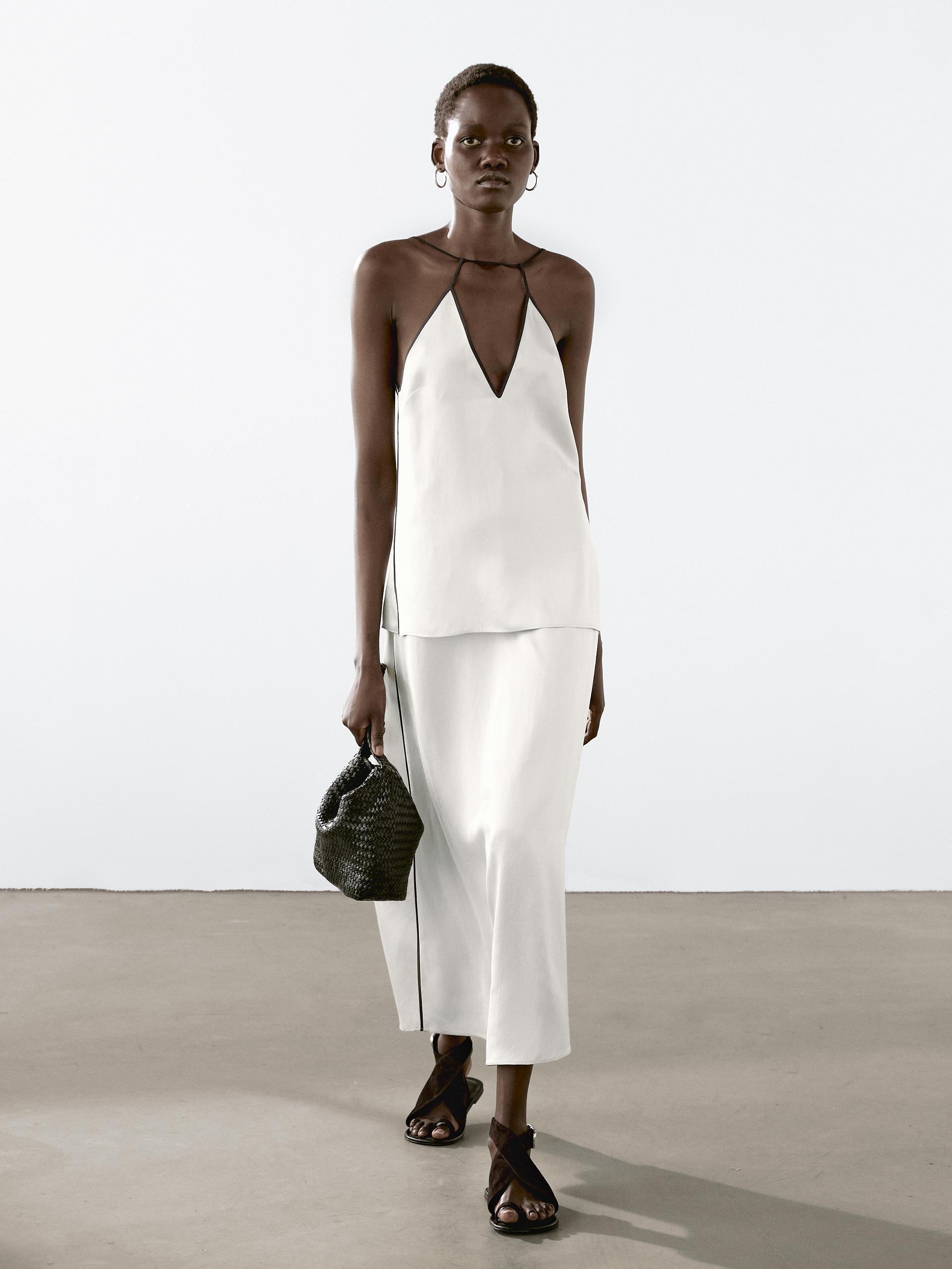 Tops Satinados Top Lencero Negro Massimo Dutti Top Halter Satinado