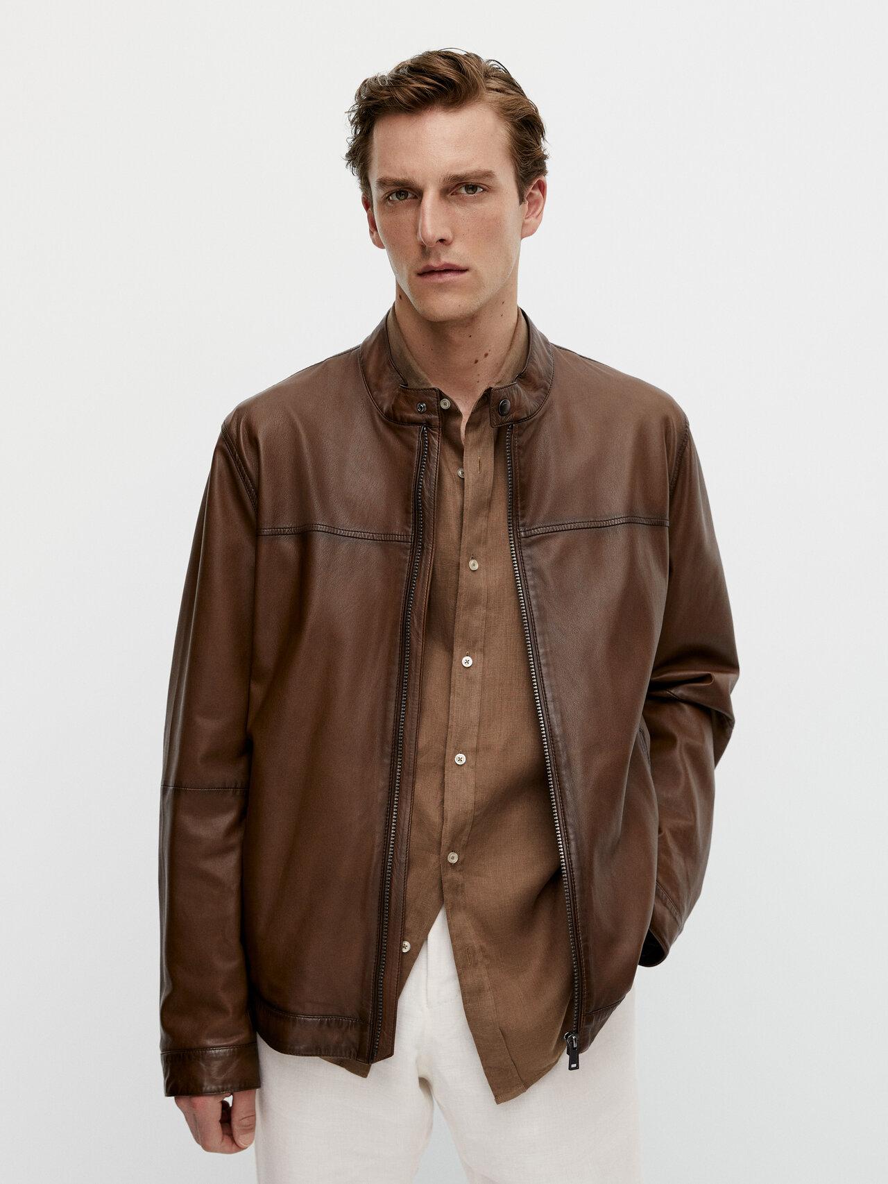 MASSIMO DUTTI Brown Nappa Leather Jacket for Men | Lyst