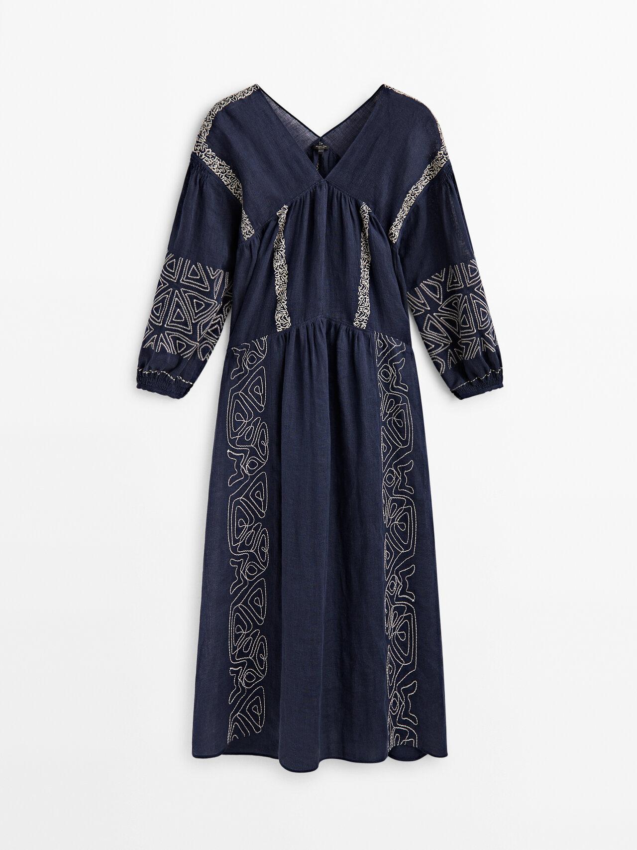 MASSIMO DUTTI Linen Blend Midi Dress With Embroidery Detail in Blue Lyst